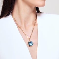 Syna Yellow Gold Blue Topaz Sugarloaf Pendant with Diamonds