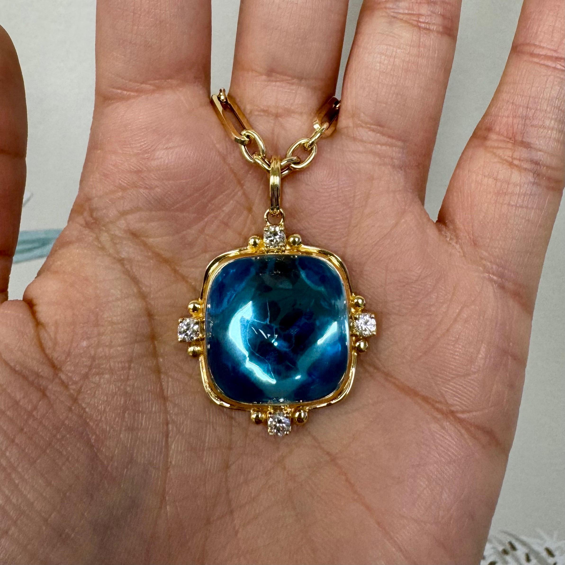 Syna Yellow Gold Blue Topaz Sugarloaf Pendant with Diamonds en vente 1