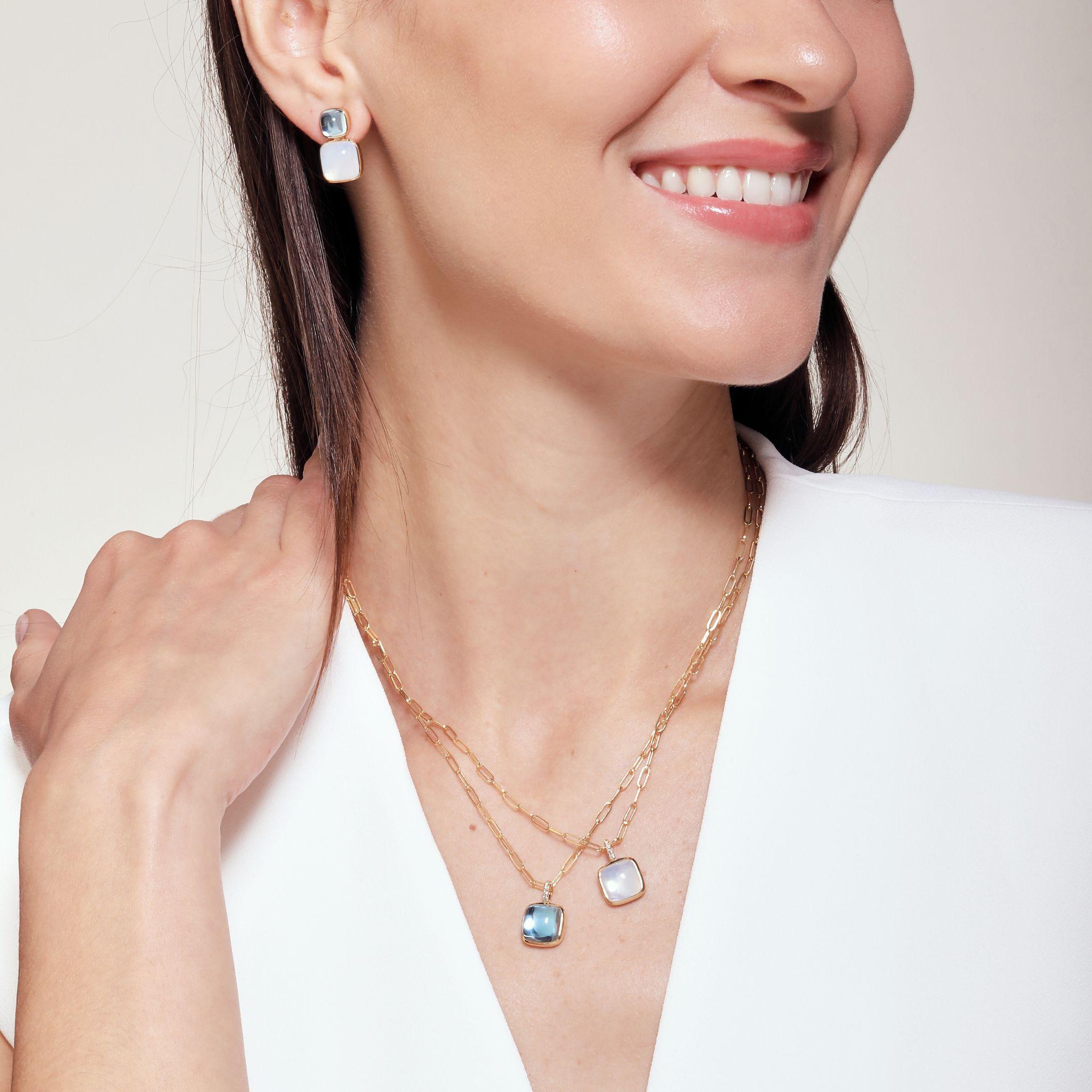 Syna Yellow Gold Blue Topaz Sugarloaf Pendant with Diamonds In New Condition For Sale In Fort Lee, NJ