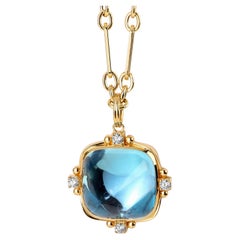 Syna Yellow Gold Blue Topaz Sugarloaf Pendant with Diamonds