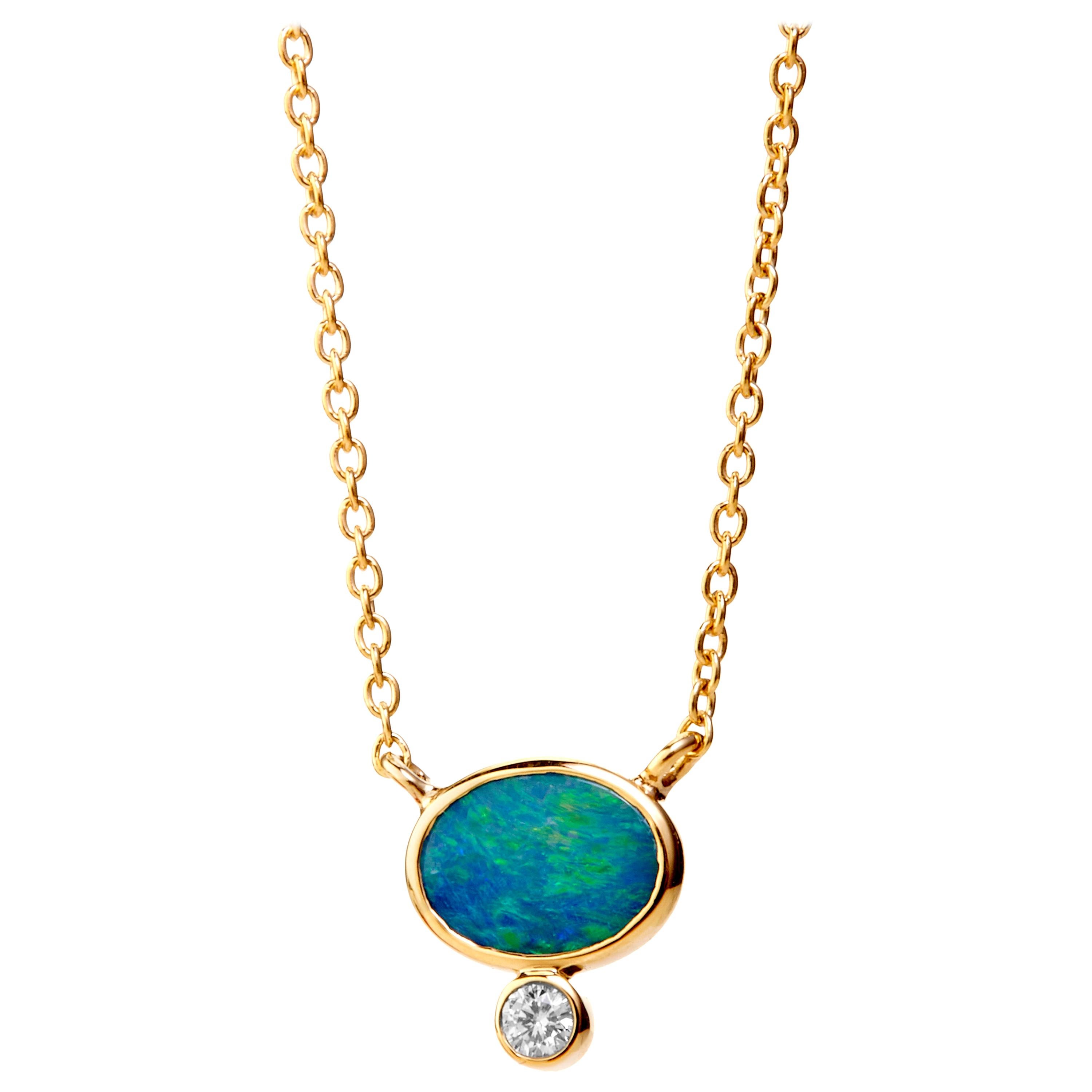 Syna Yellow Gold Boulder Opal Necklace with Diamond For Sale