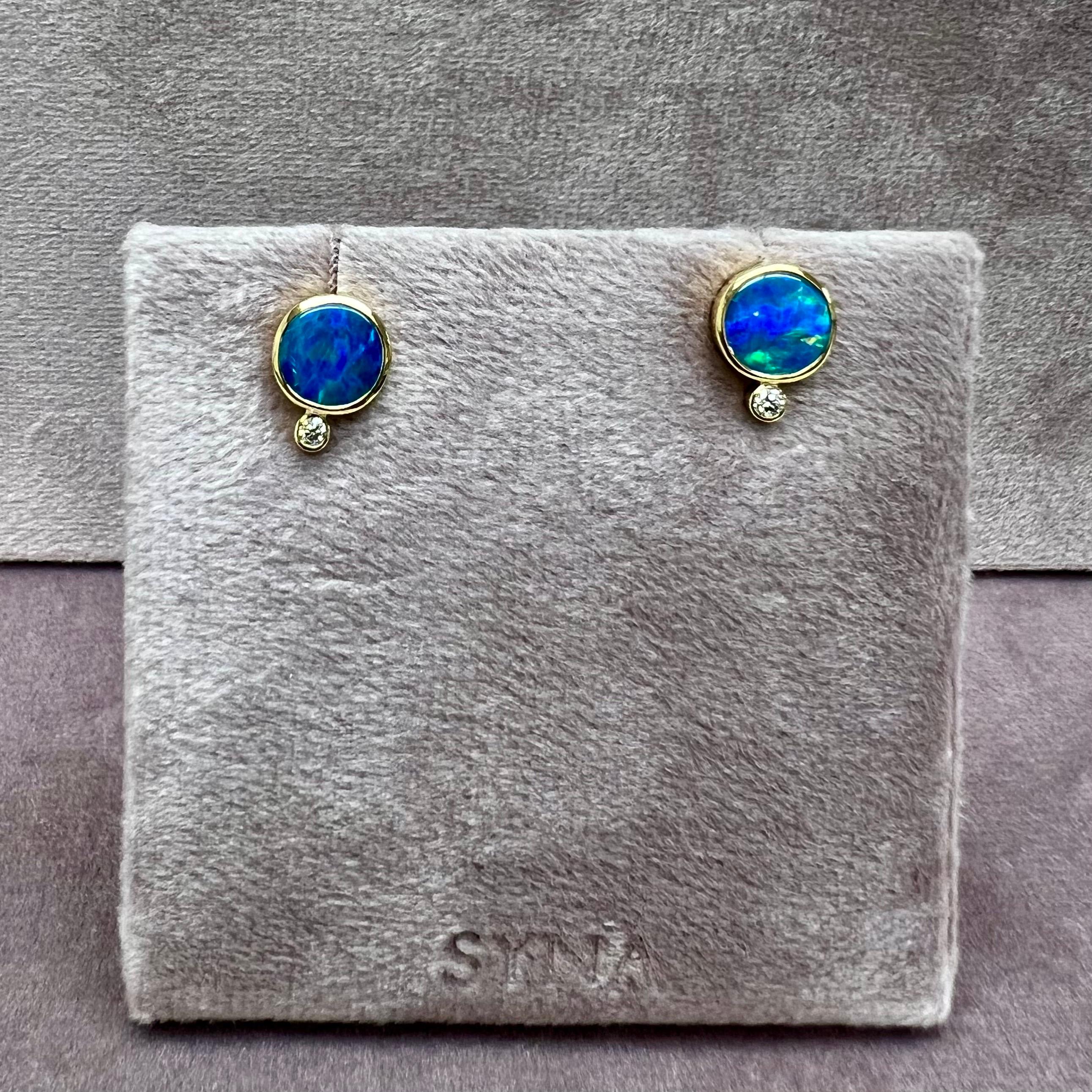 Contemporary Syna Yellow Gold Boulder Opal Studs with Diamonds
