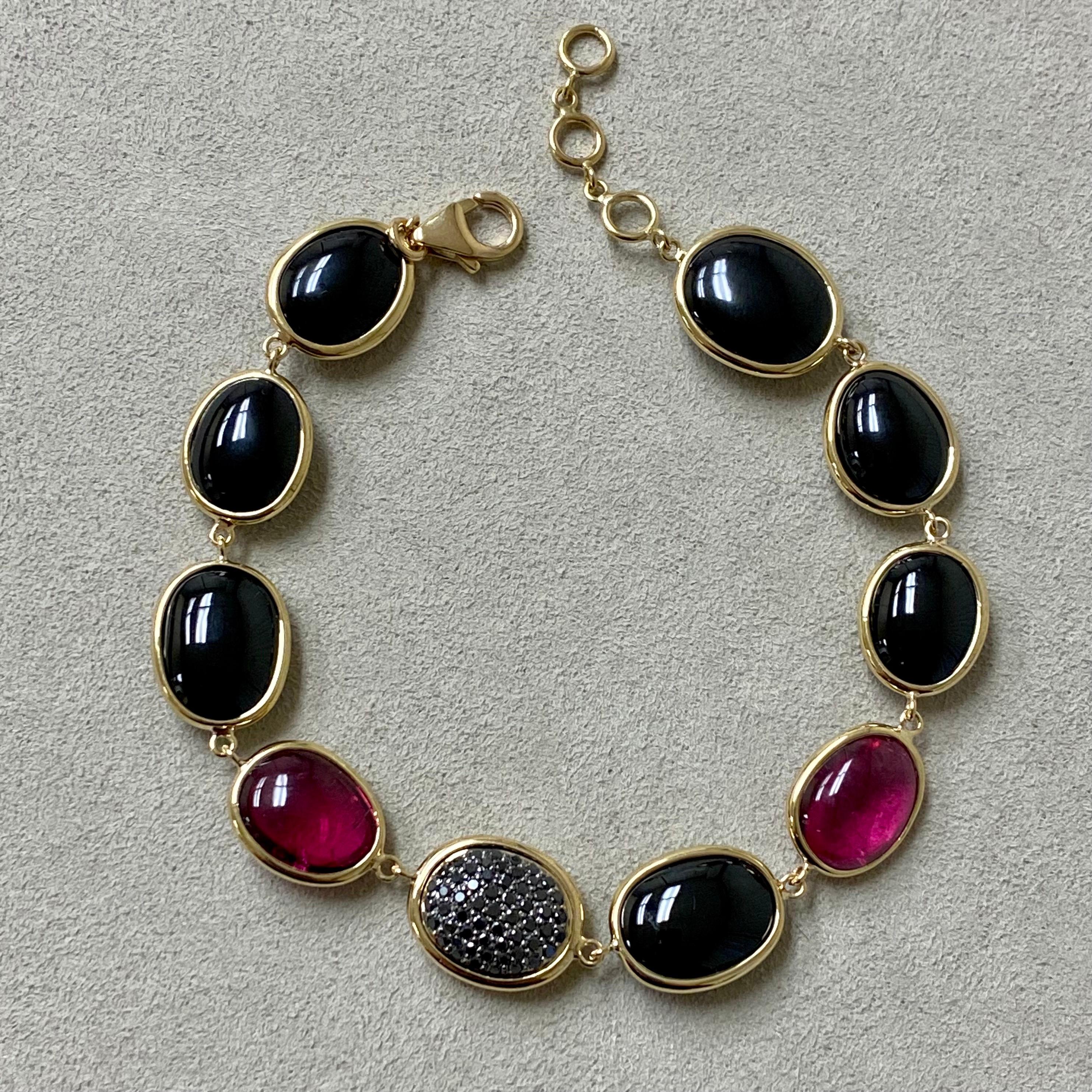 Contemporary Syna Yellow Gold Bracelet with Rubellite, Black Spinel and Black Diamonds