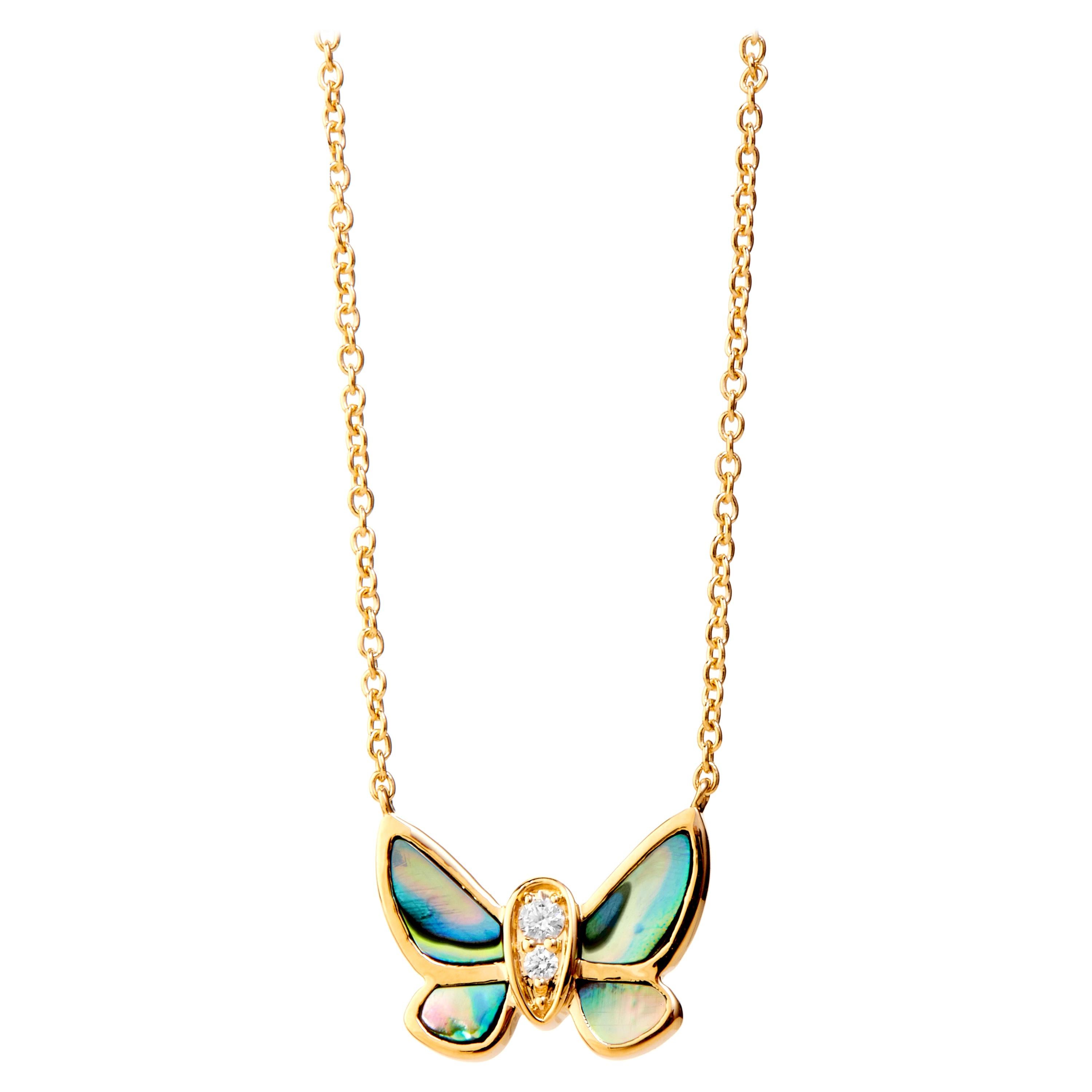Syna Yellow Gold Butterfly Necklace with Abalone and Diamonds