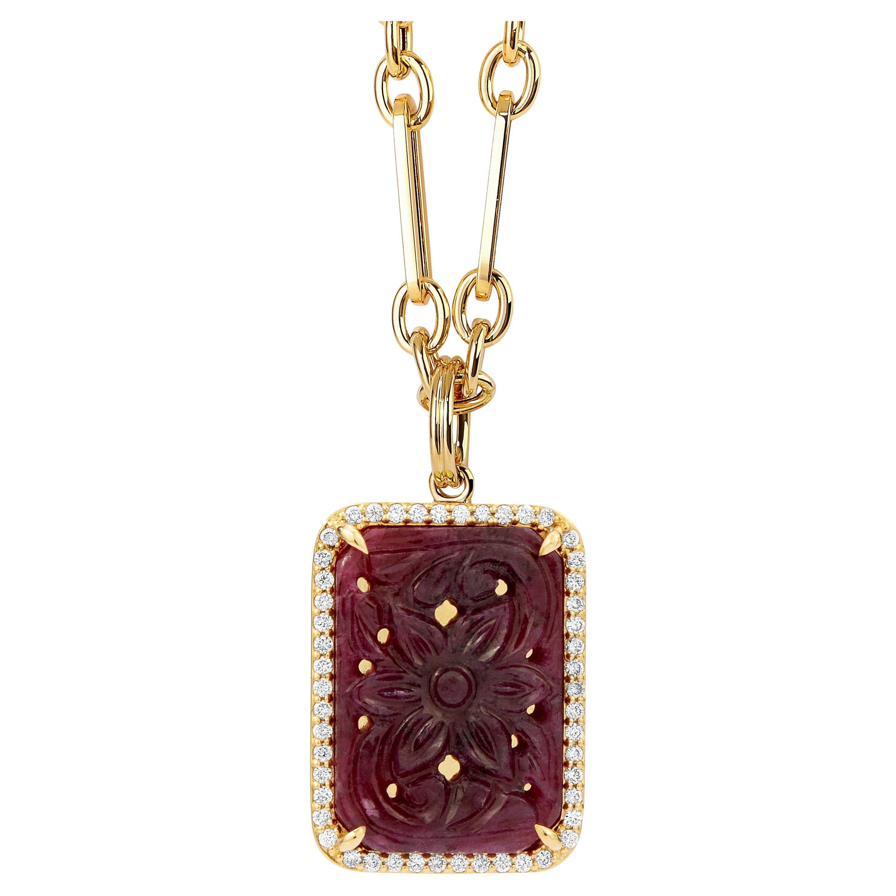Syna Yellow Gold Carved Ruby Pendant with Diamonds For Sale