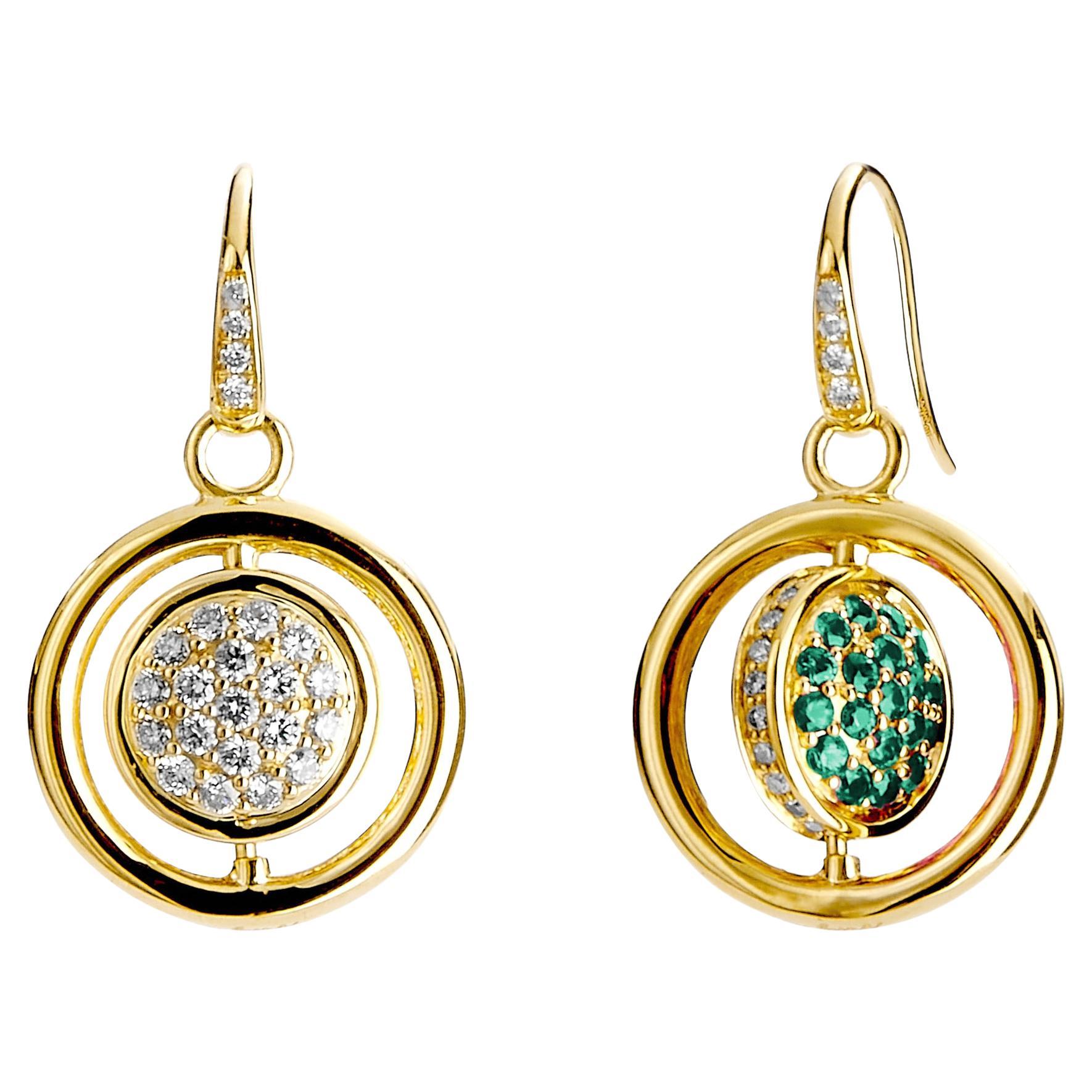 Syna Yellow Gold Chakra Emeralds and Diamond Swivel Earrings For Sale