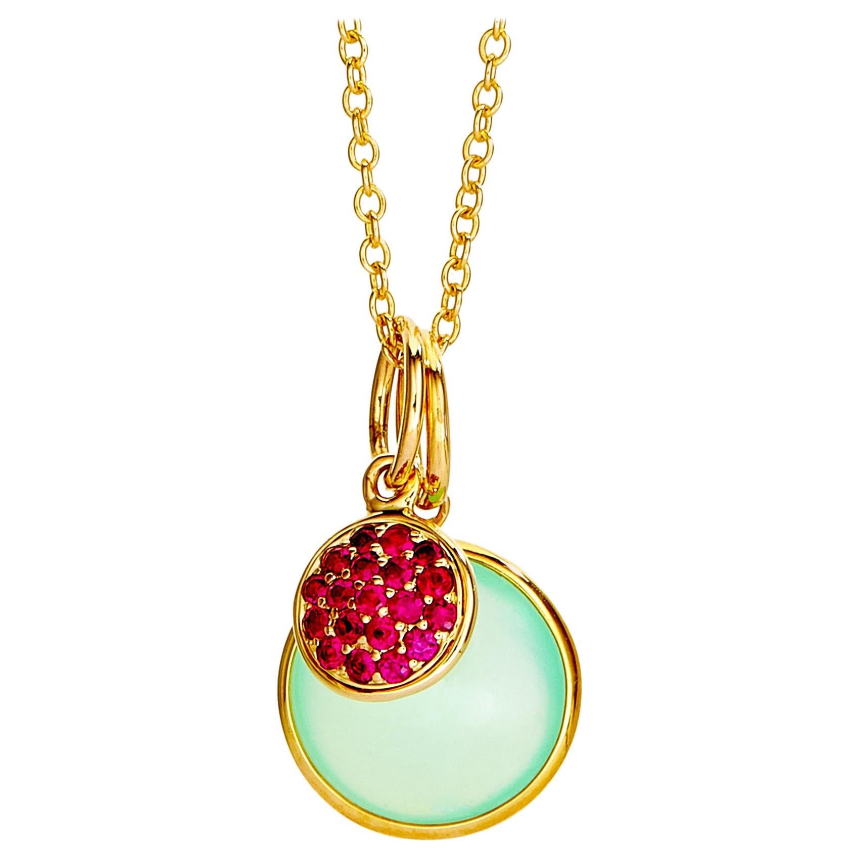 Syna Yellow Gold Chakra Necklace with Sea-Green Chalcedony and Rubies For Sale