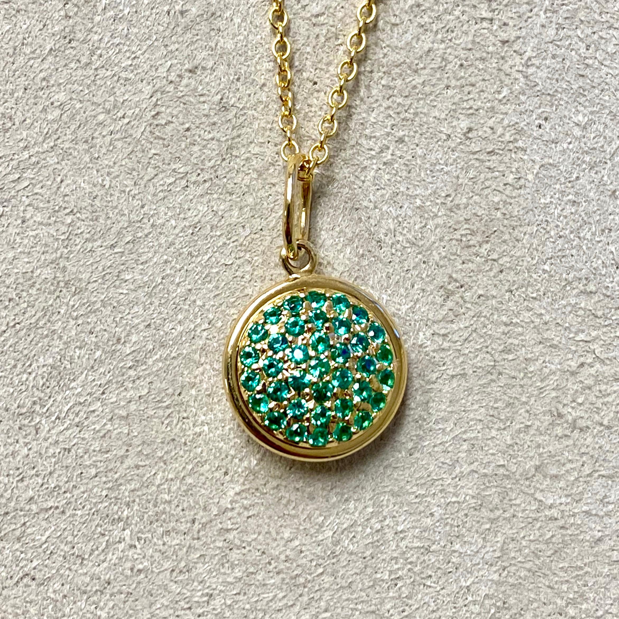 Round Cut Syna Yellow Gold Chakra Pendant with Emeralds For Sale
