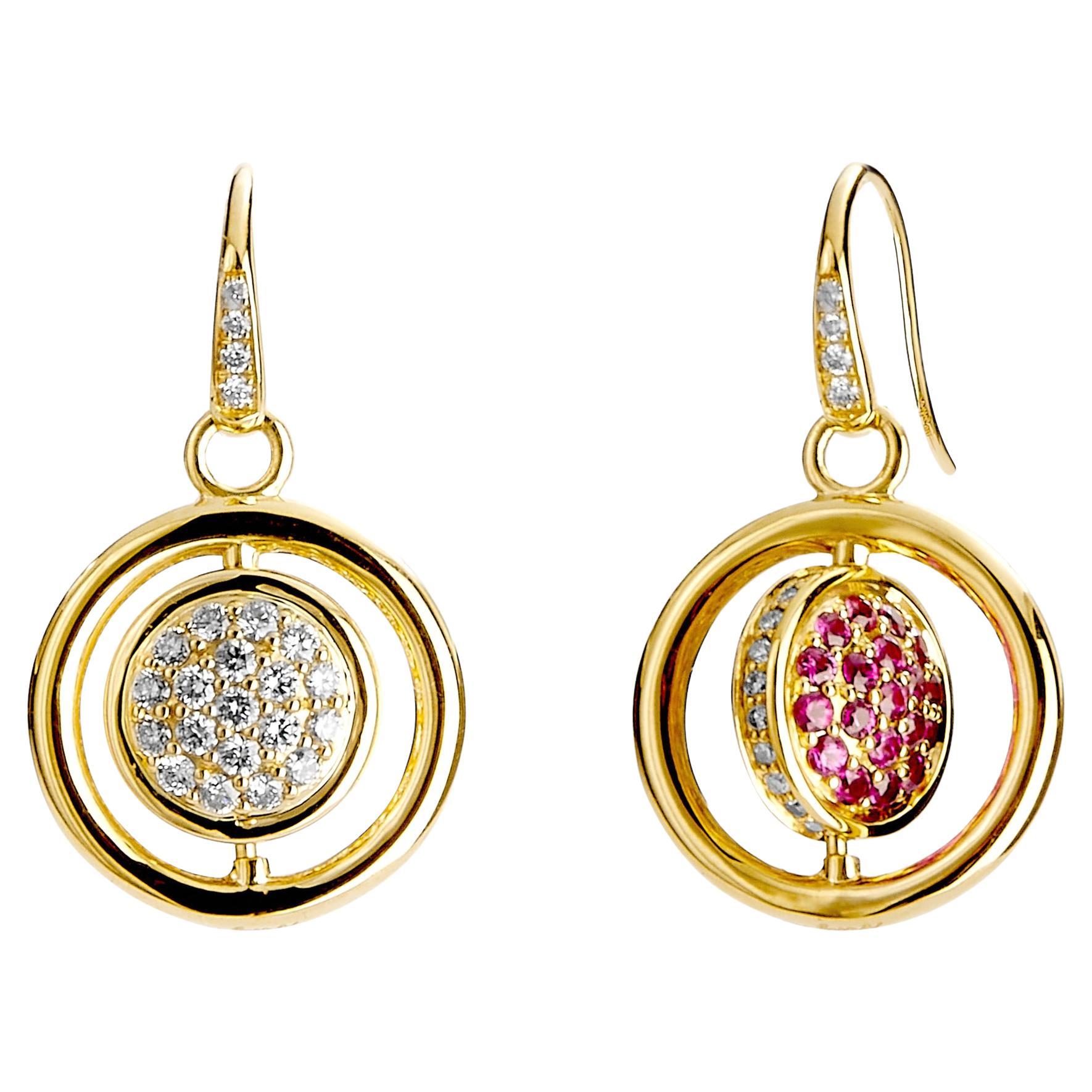 Syna Yellow Gold Chakra Rubies and Diamond Swivel Earrings For Sale