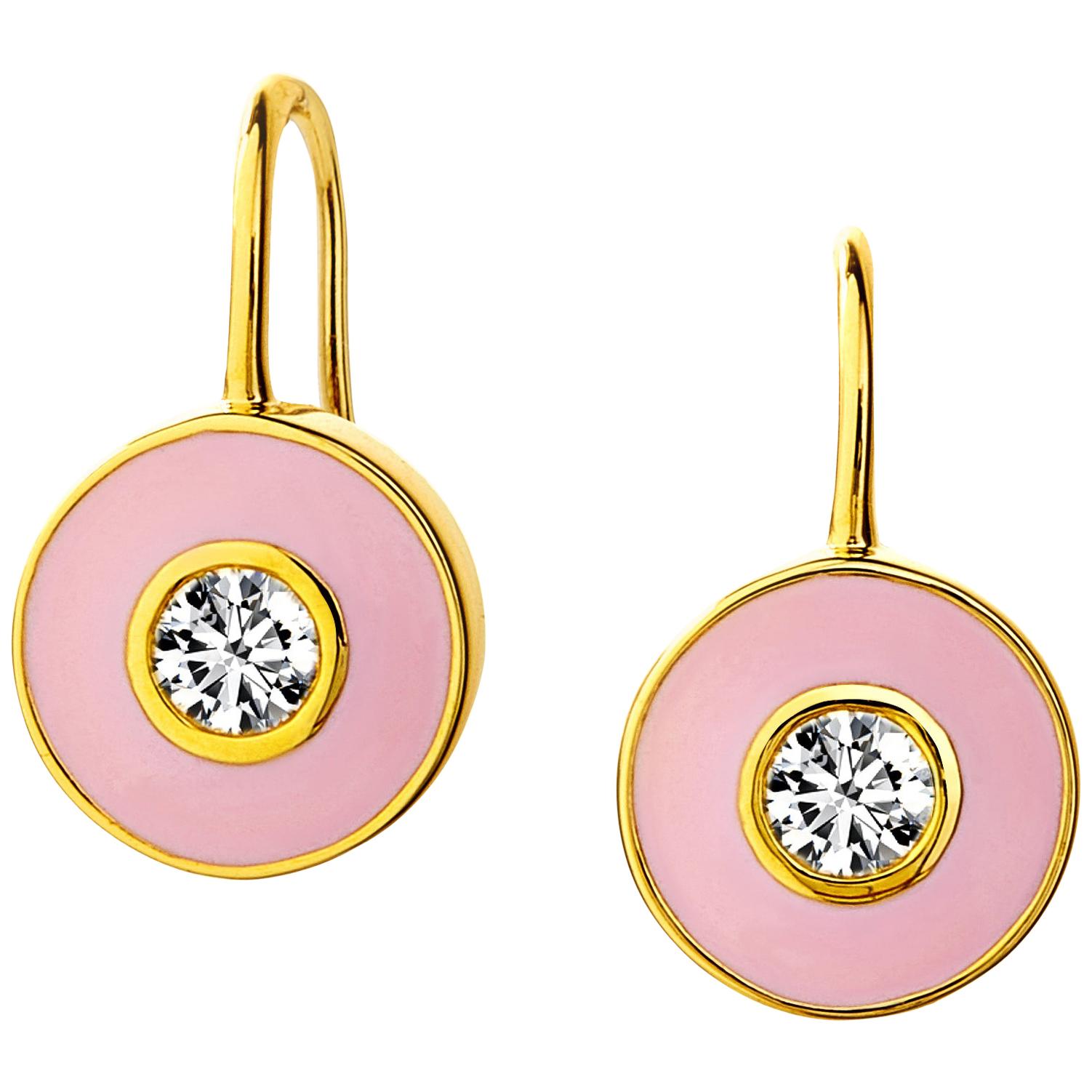 Syna Gelbgold Diamant-rosa Emaille-Scheiben-Ohrringe im Angebot