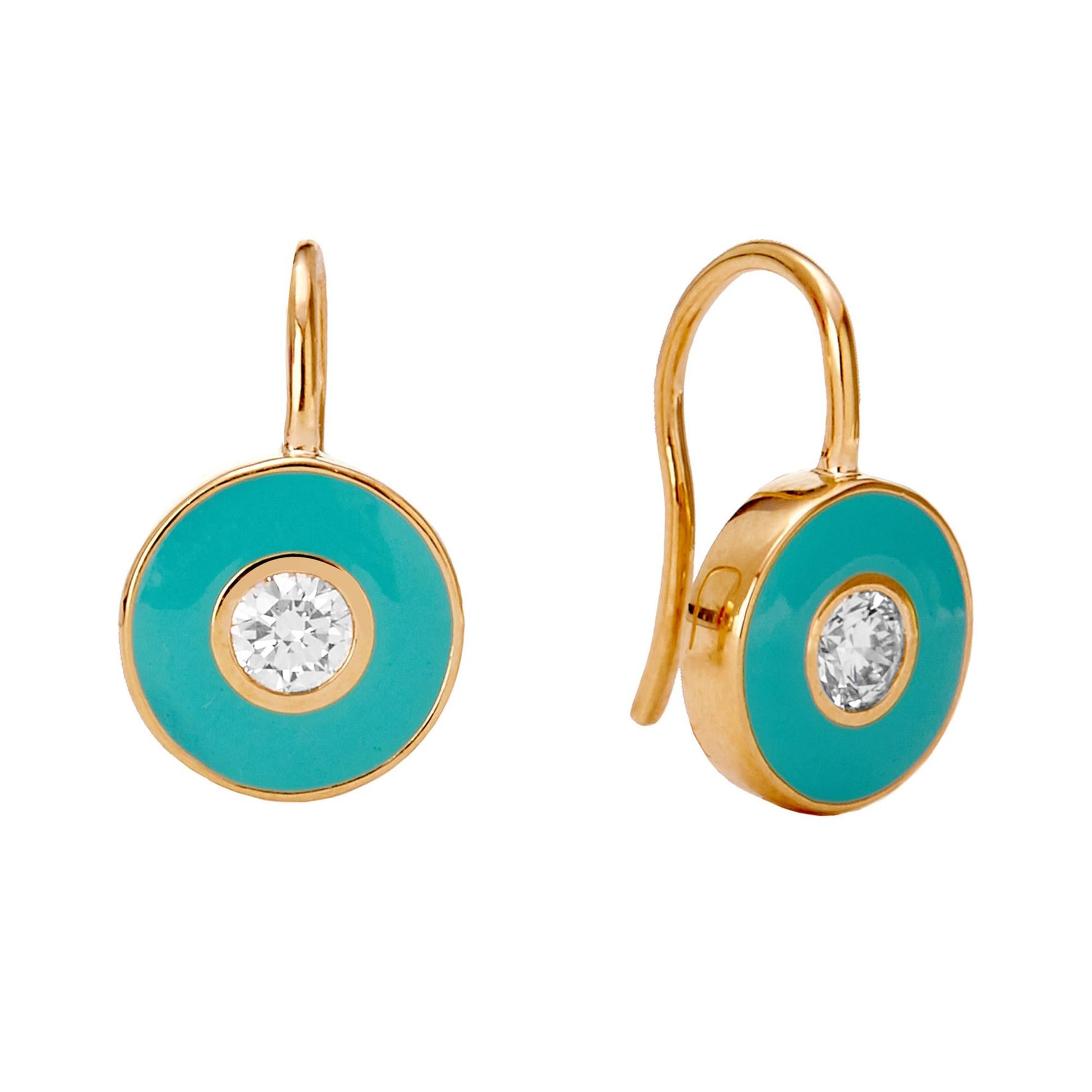 Syna Boucles d'oreilles disque en or jaune avec diamant et émail vert de mer en vente