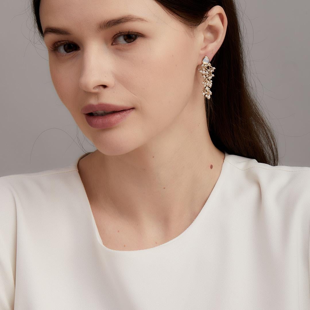 18 karat yellow gold
Moon Quartz 1.70 carats approx.
Freshwater Pearls 7.60 carats approx.
Diamonds 0.60 carat approx.
18 kyg butterfly backs
Limited edition

About the Designers ~ Dharmesh & Namrata

Drawing inspiration from little things, Dharmesh