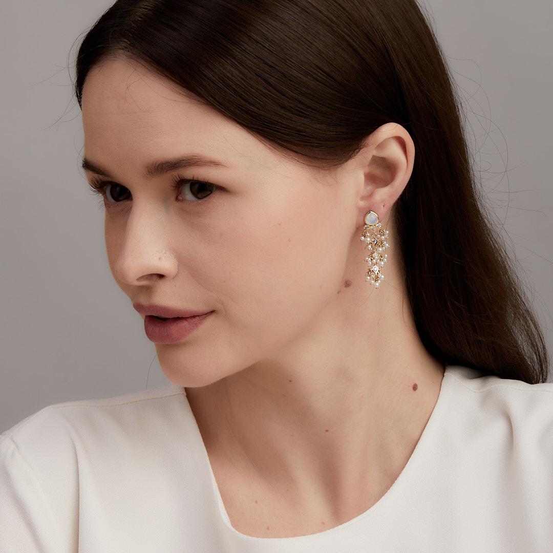 Contemporary Syna Yellow Gold Chandelier Earrings with Moon Quartz, Pearls and Diamonds