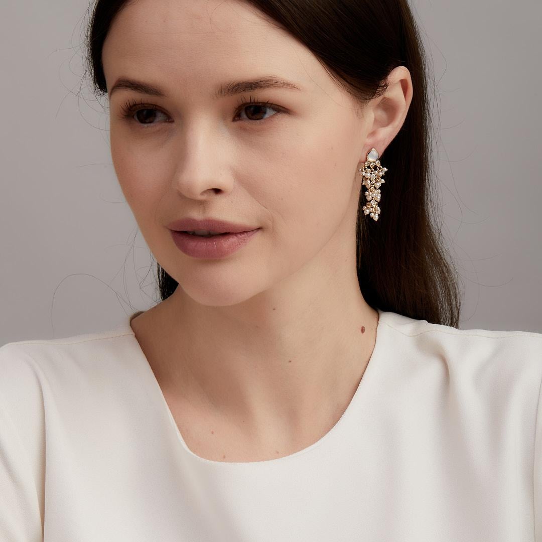 Mixed Cut Syna Yellow Gold Chandelier Earrings with Moon Quartz, Pearls and Diamonds