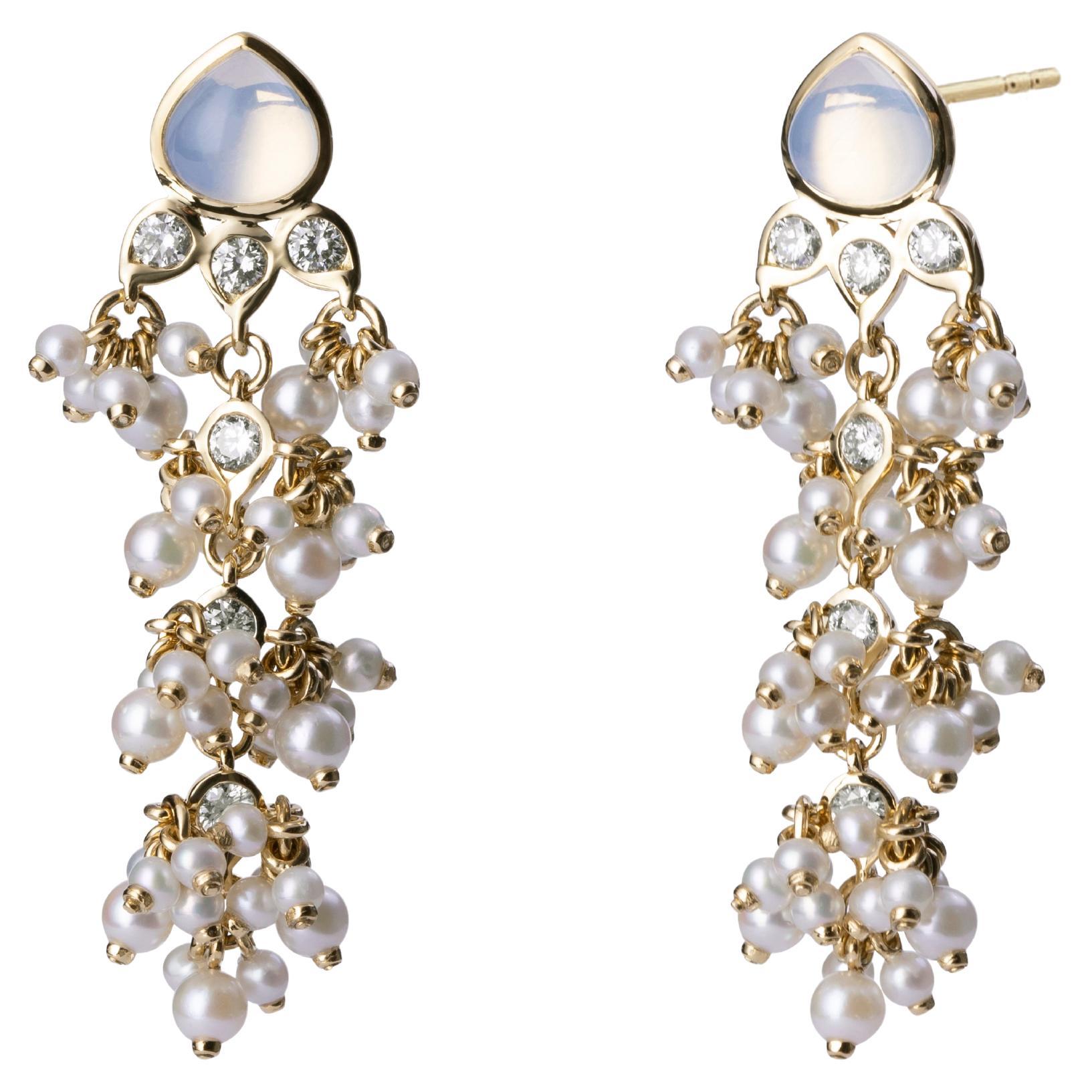 Syna Yellow Gold Chandelier Earrings with Moon Quartz, Pearls and Diamonds  For Sale at 1stDibs
