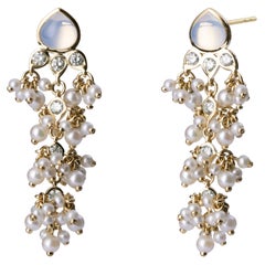 Syna Yellow Gold Chandelier Earrings with Moon Quartz, Pearls and Diamonds
