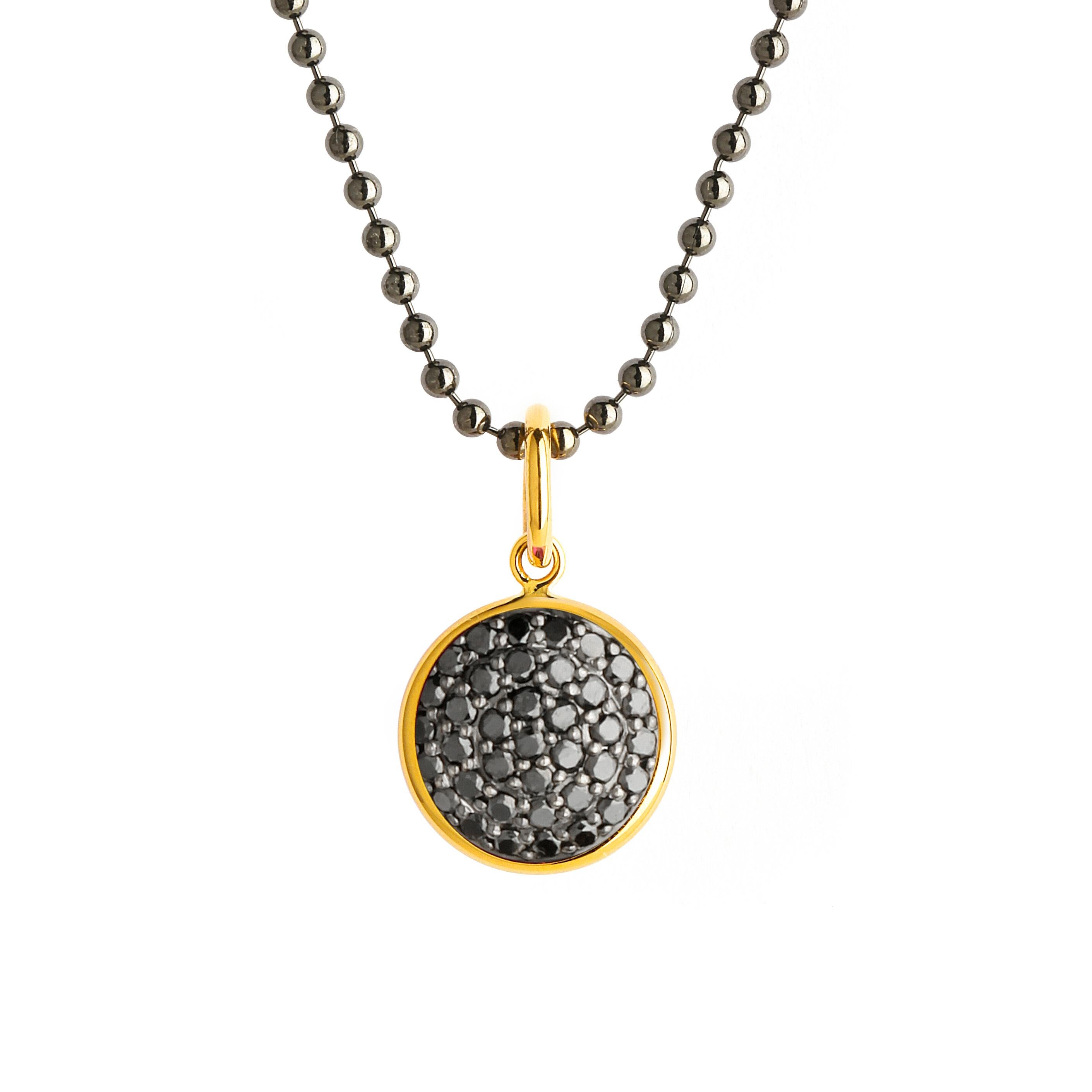 Round Cut Syna Yellow Gold Charm Pendant with Black Diamonds For Sale