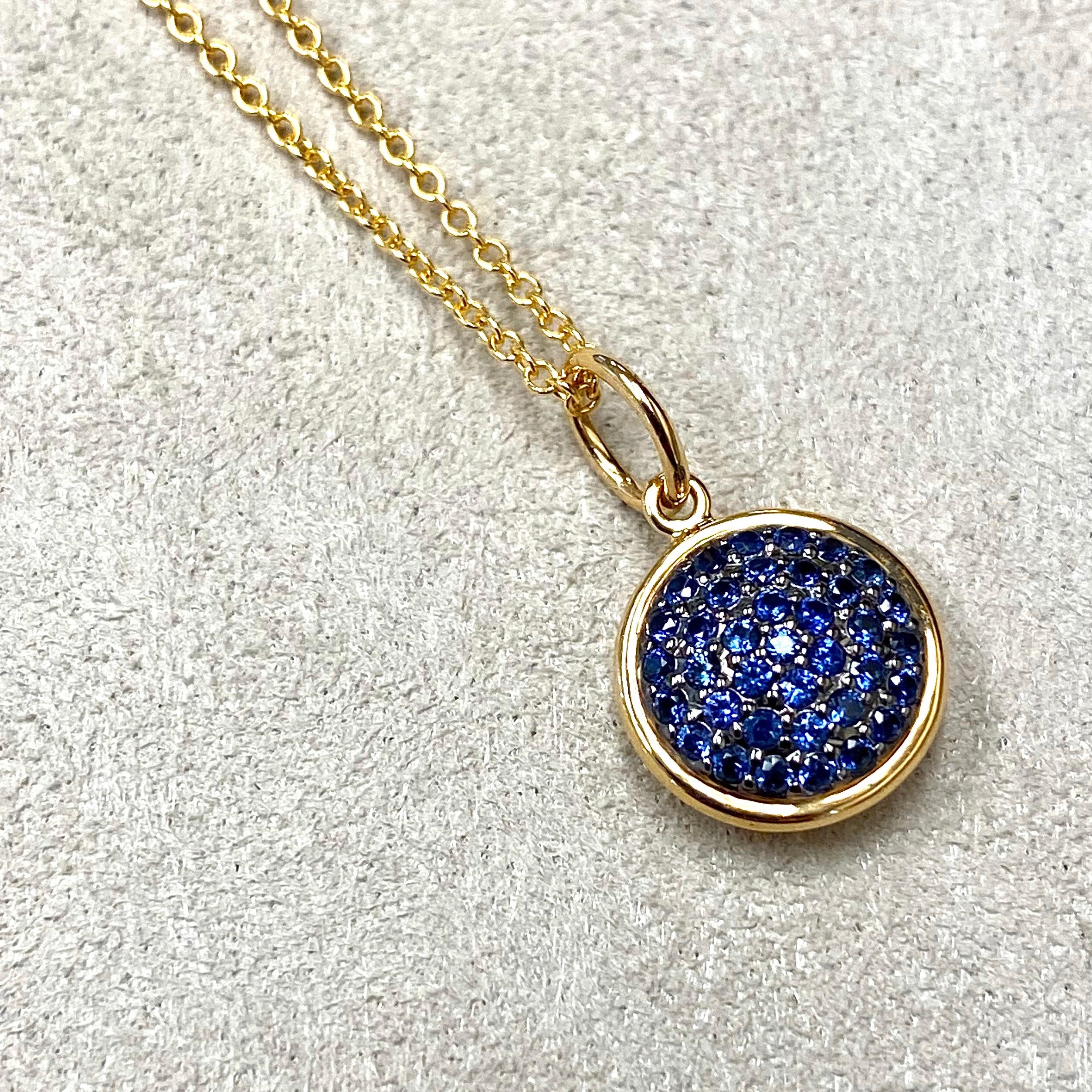 Created in 18 karat yellow gold
10 mm size charm
Blue Sapphires 0.30 ct approx
September birthstone
Chain sold separately 

Crafted from 18 karat yellow gold, this 10 mm pendant sparkles with 0.30 ct of blue sapphires, the birthstone for September.