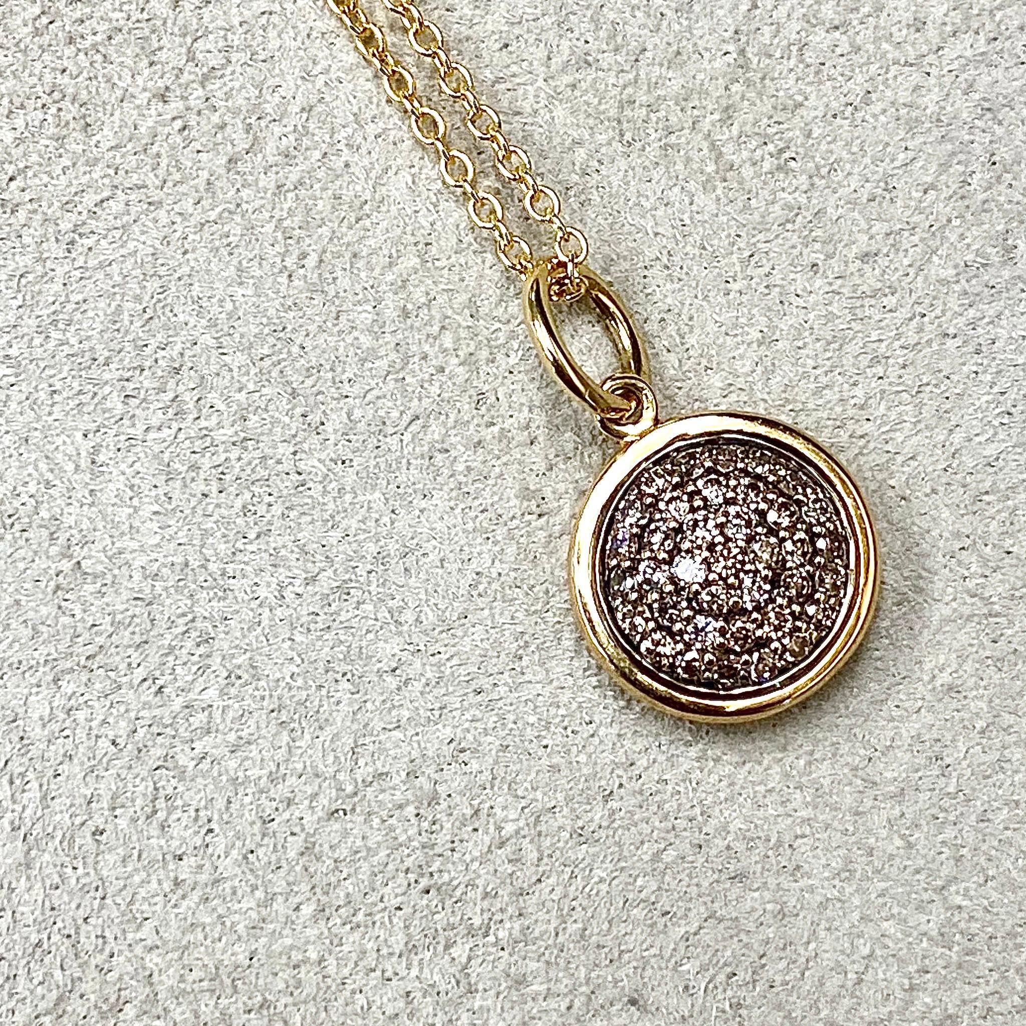 Round Cut Syna Yellow Gold Charm Pendant with Brown Diamonds For Sale