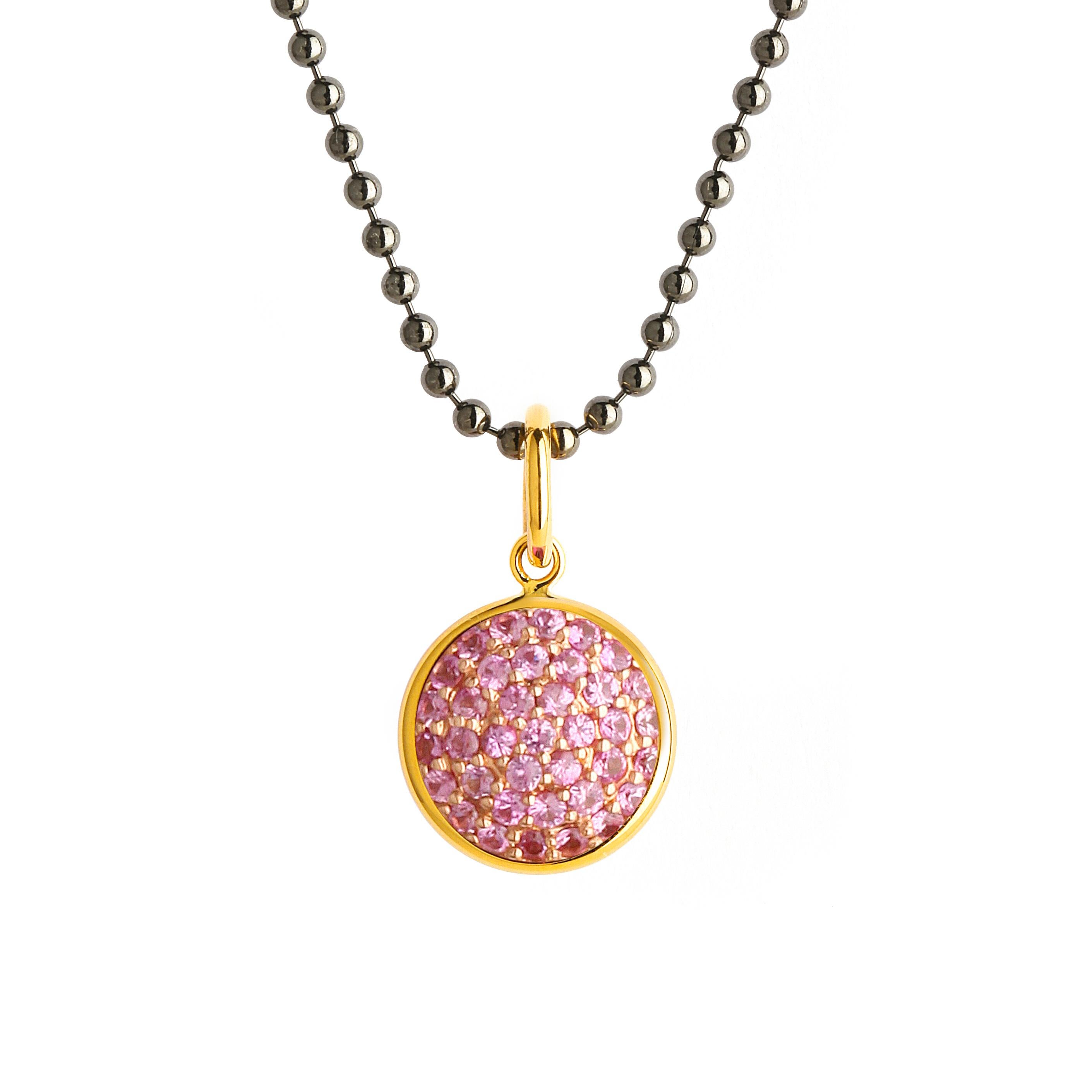 Round Cut Syna Yellow Gold Charm Pendant with Pink Sapphires For Sale