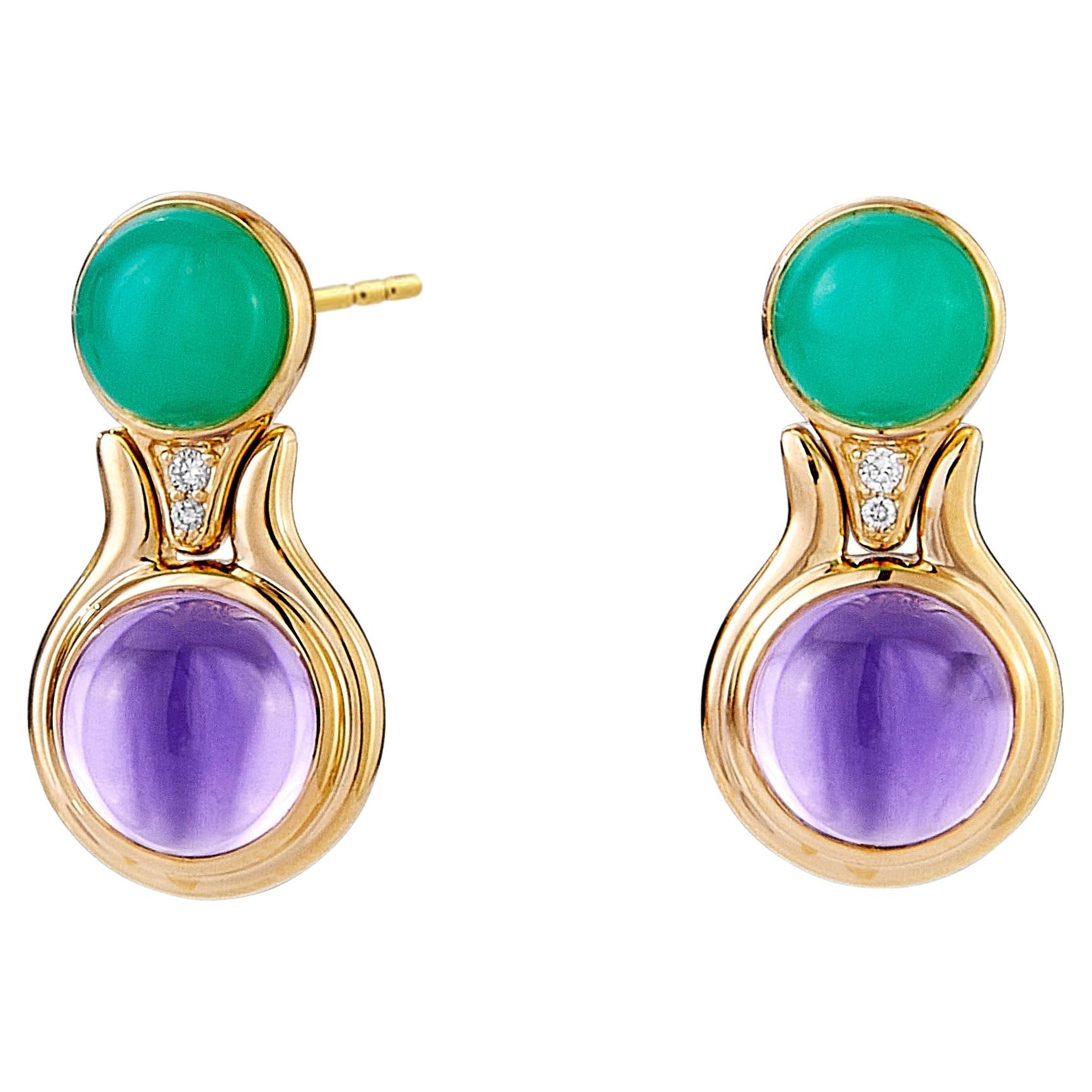 Syna Yellow Gold Chrysoprase and Amethyst Earrings with Champagne Diamonds For Sale