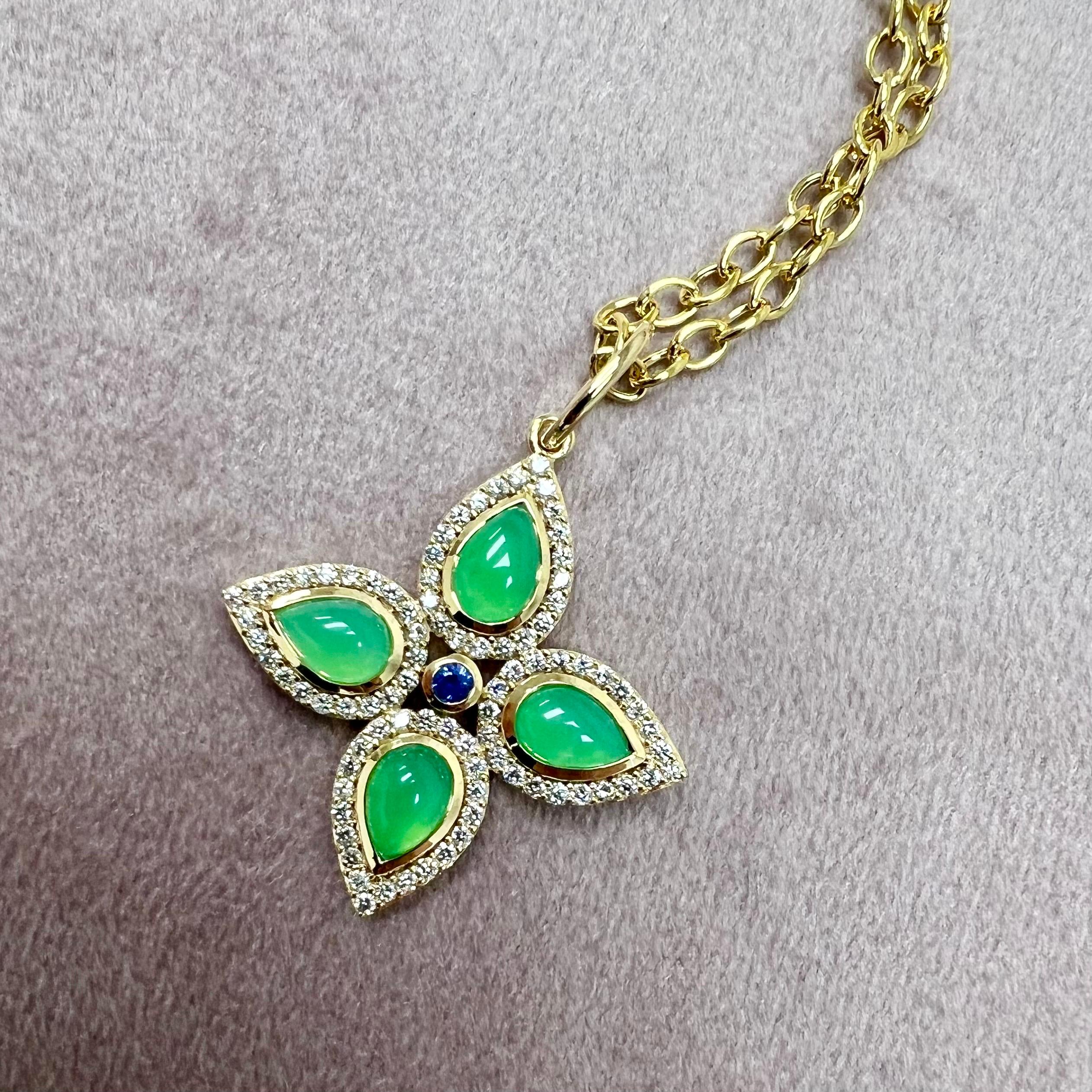 Created in 18 karat yellow gold
Chrysoprase 1.50 carats approx.
Blue Sapphire 0.05 carat approx.
Diamonds 0.45 carat approx.
Chain sold separately



 About the Designers ~ Dharmesh & Namrata

Drawing inspiration from little things, Dharmesh &