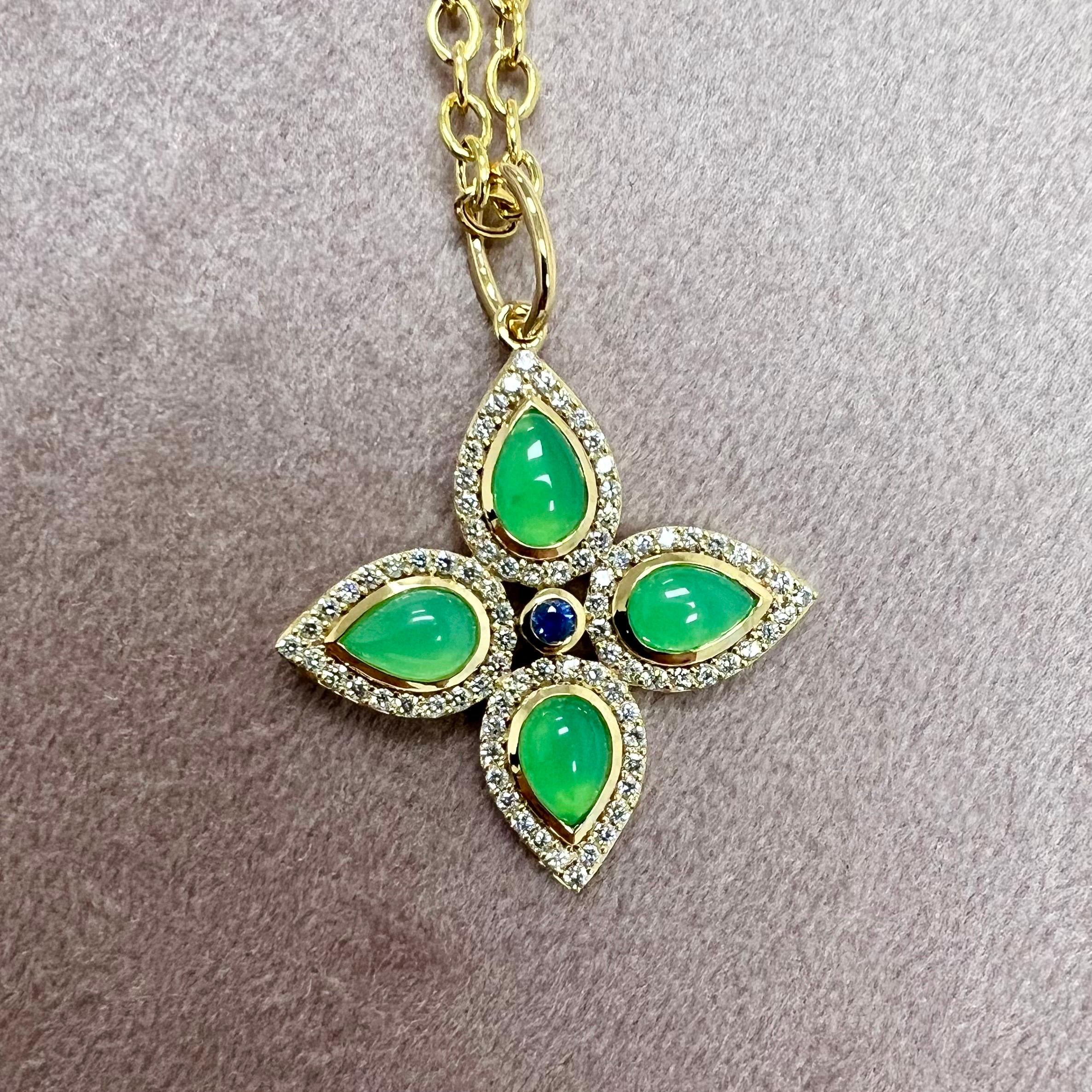 Contemporary Syna Yellow Gold Chrysoprase and Blue Sapphire Pendant with Diamonds For Sale