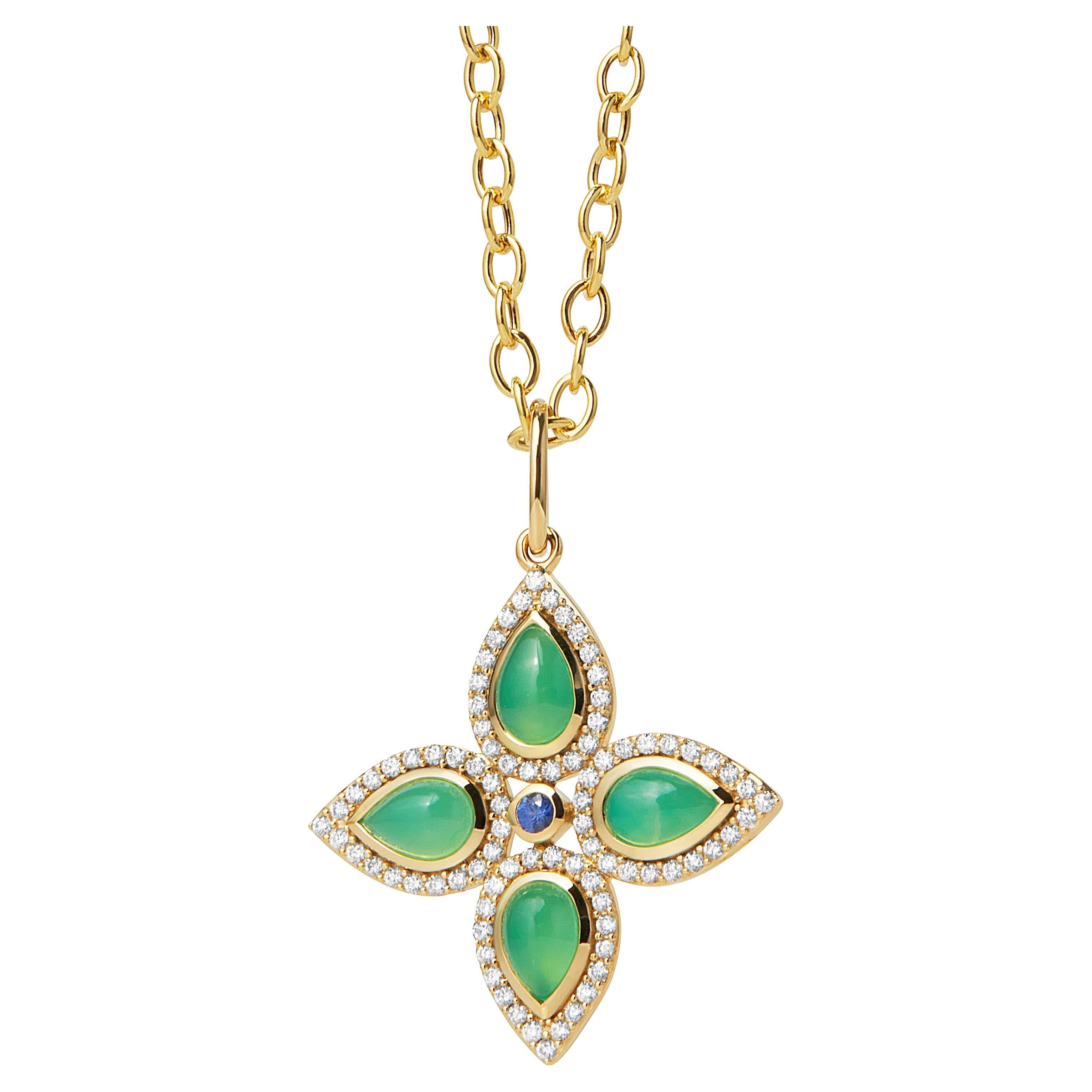 Syna Yellow Gold Chrysoprase and Blue Sapphire Pendant with Diamonds