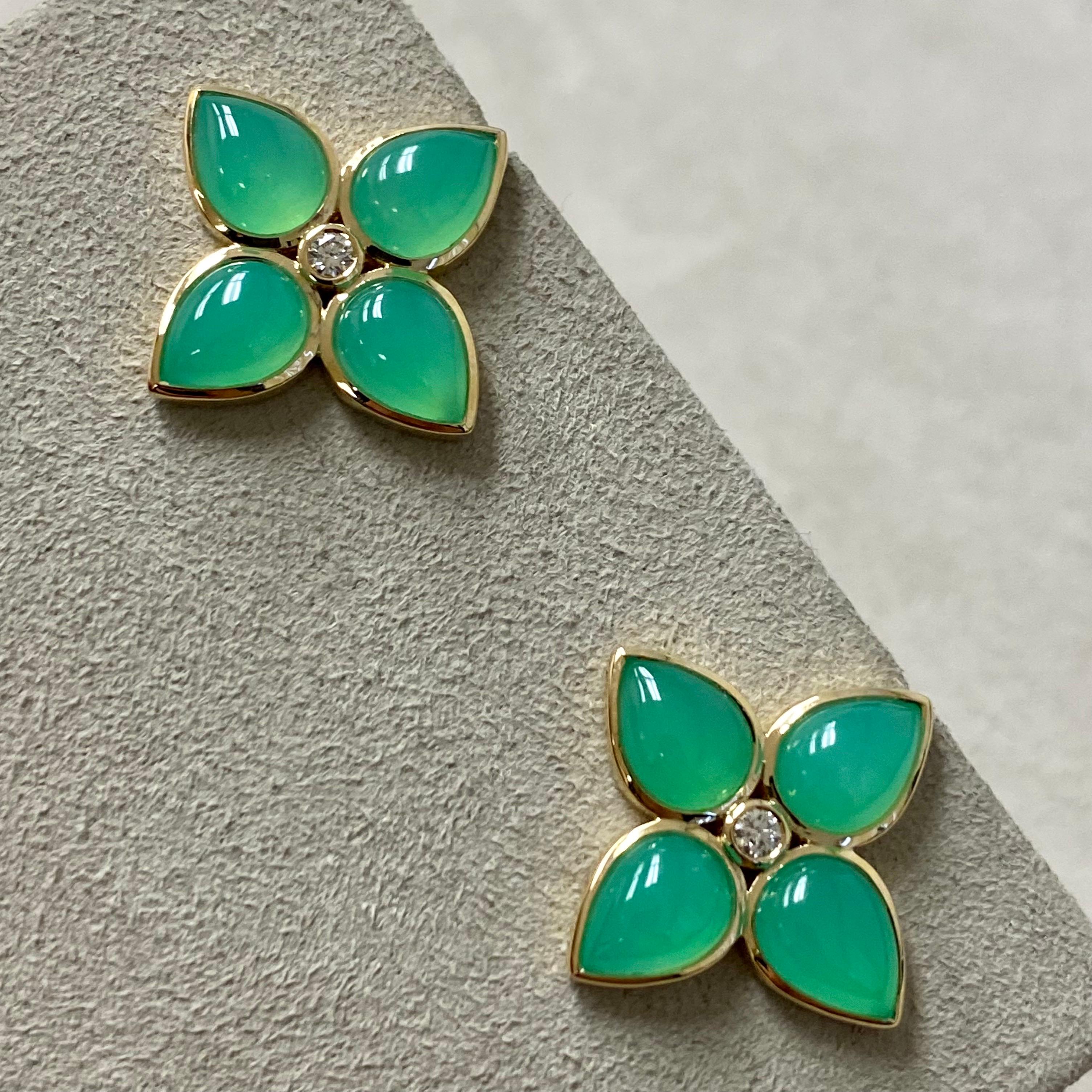 Contemporary Syna Yellow Gold Chrysoprase Earrings with Champagne Diamonds For Sale