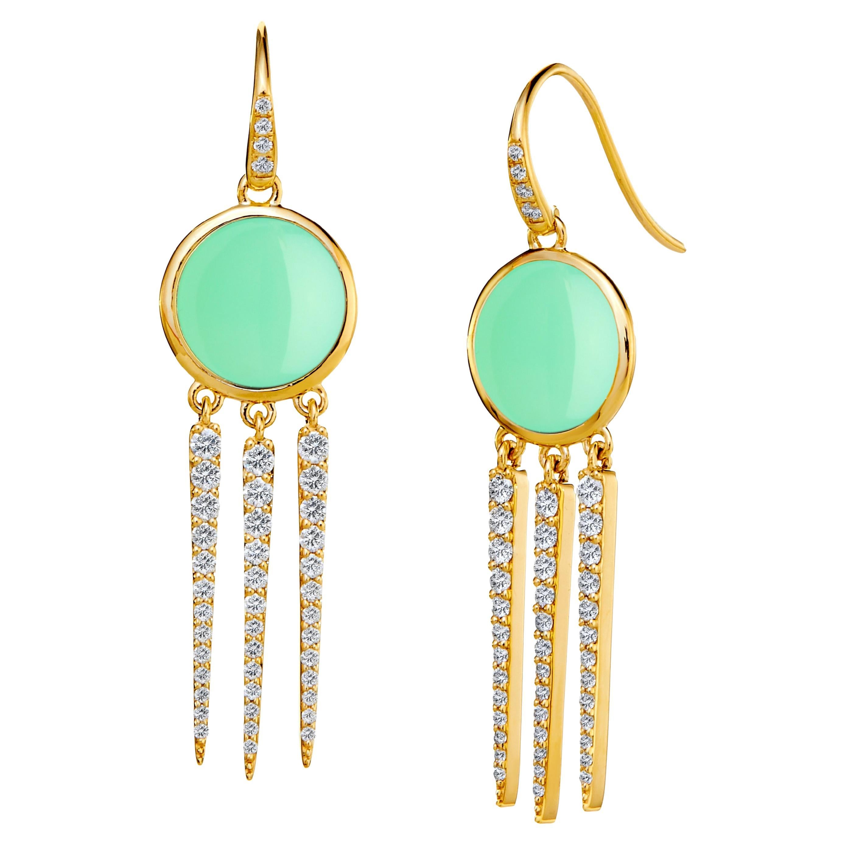 Syna Yellow Gold Chrysoprase Earrings with Diamonds For Sale