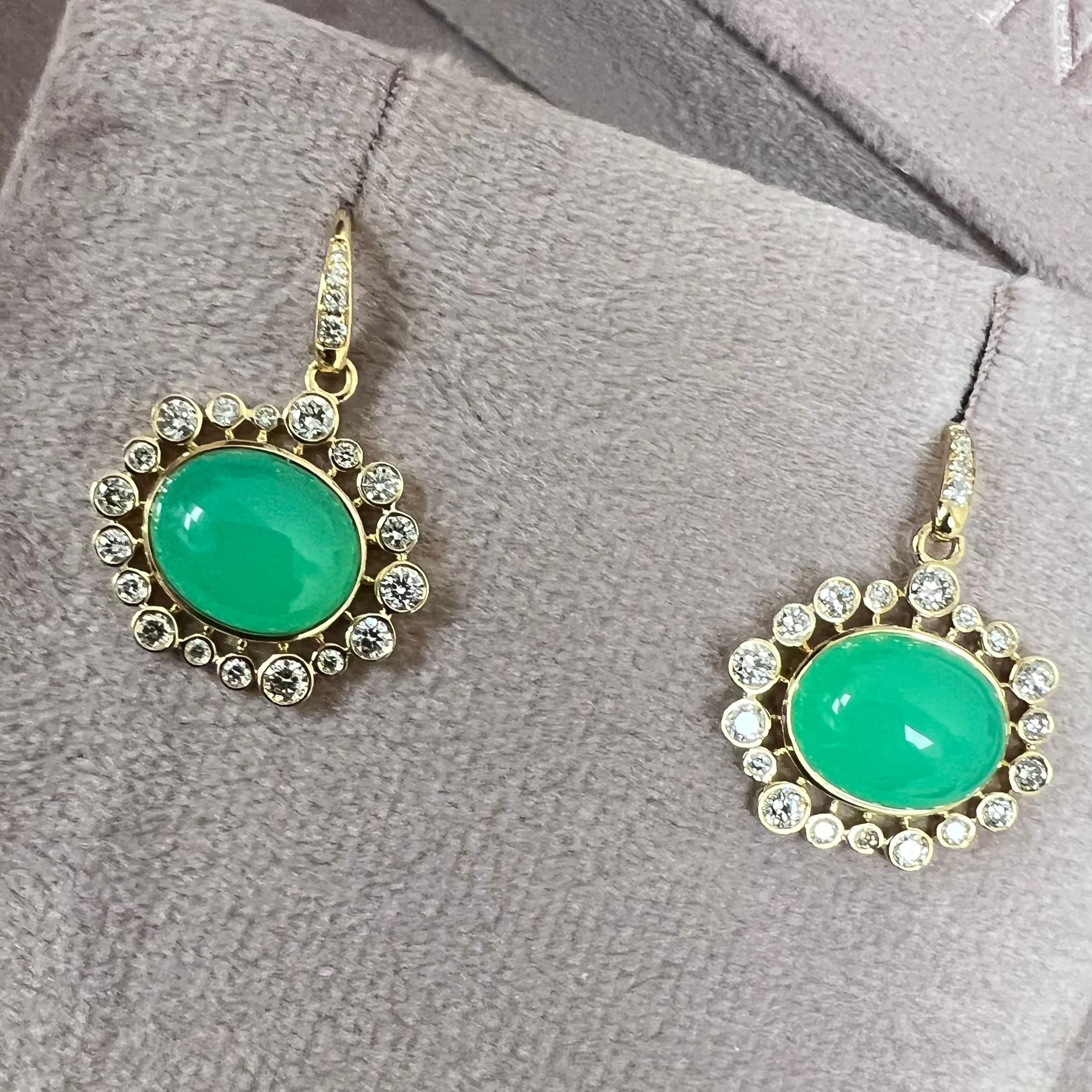 Cabochon Syna Yellow Gold Chrysoprase Earrings with Diamonds For Sale