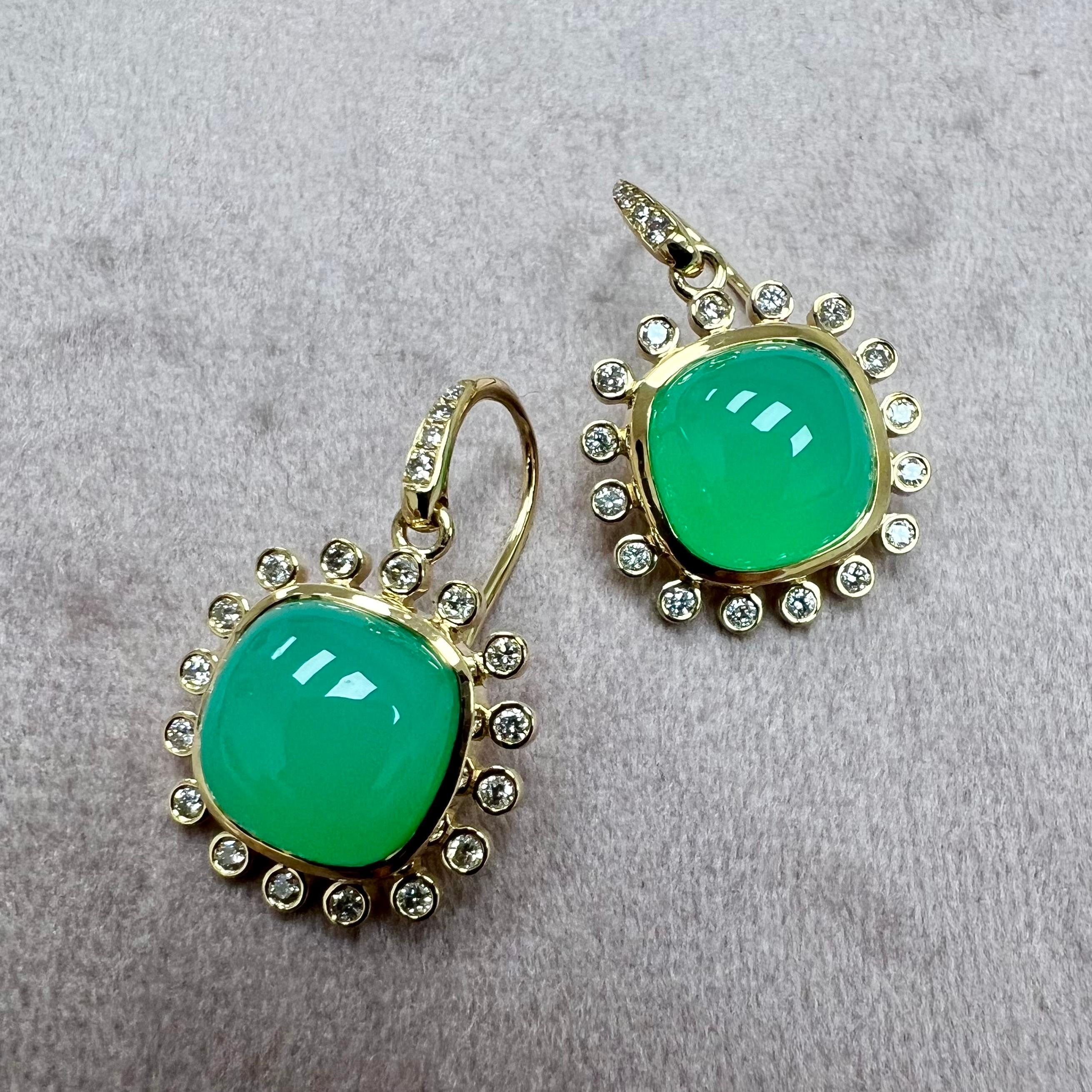 Mixed Cut Syna Yellow Gold Chrysoprase Earrings with Diamonds For Sale