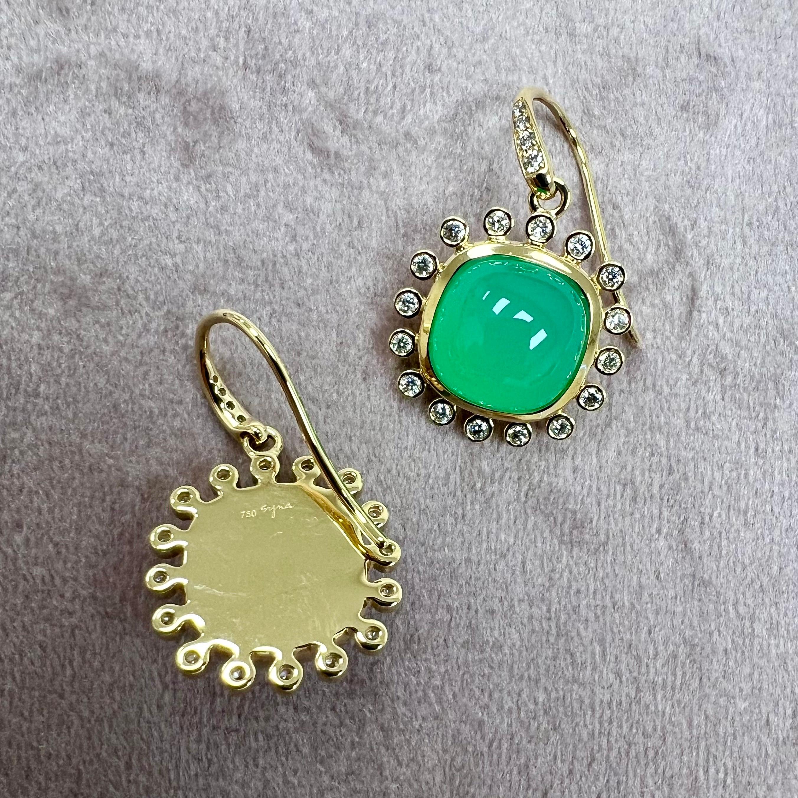 Syna Yellow Gold Chrysoprase Earrings with Diamonds In New Condition For Sale In Fort Lee, NJ