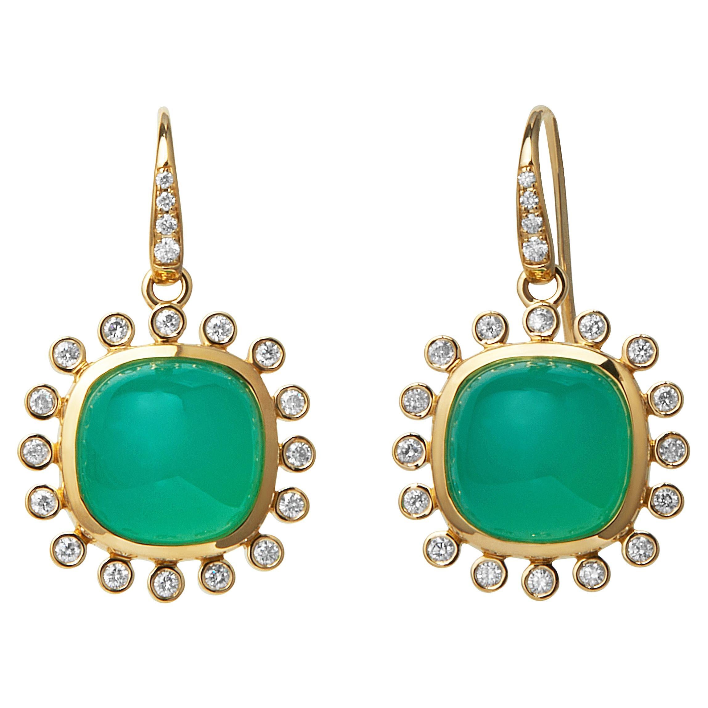 Syna Yellow Gold Chrysoprase Earrings with Diamonds For Sale