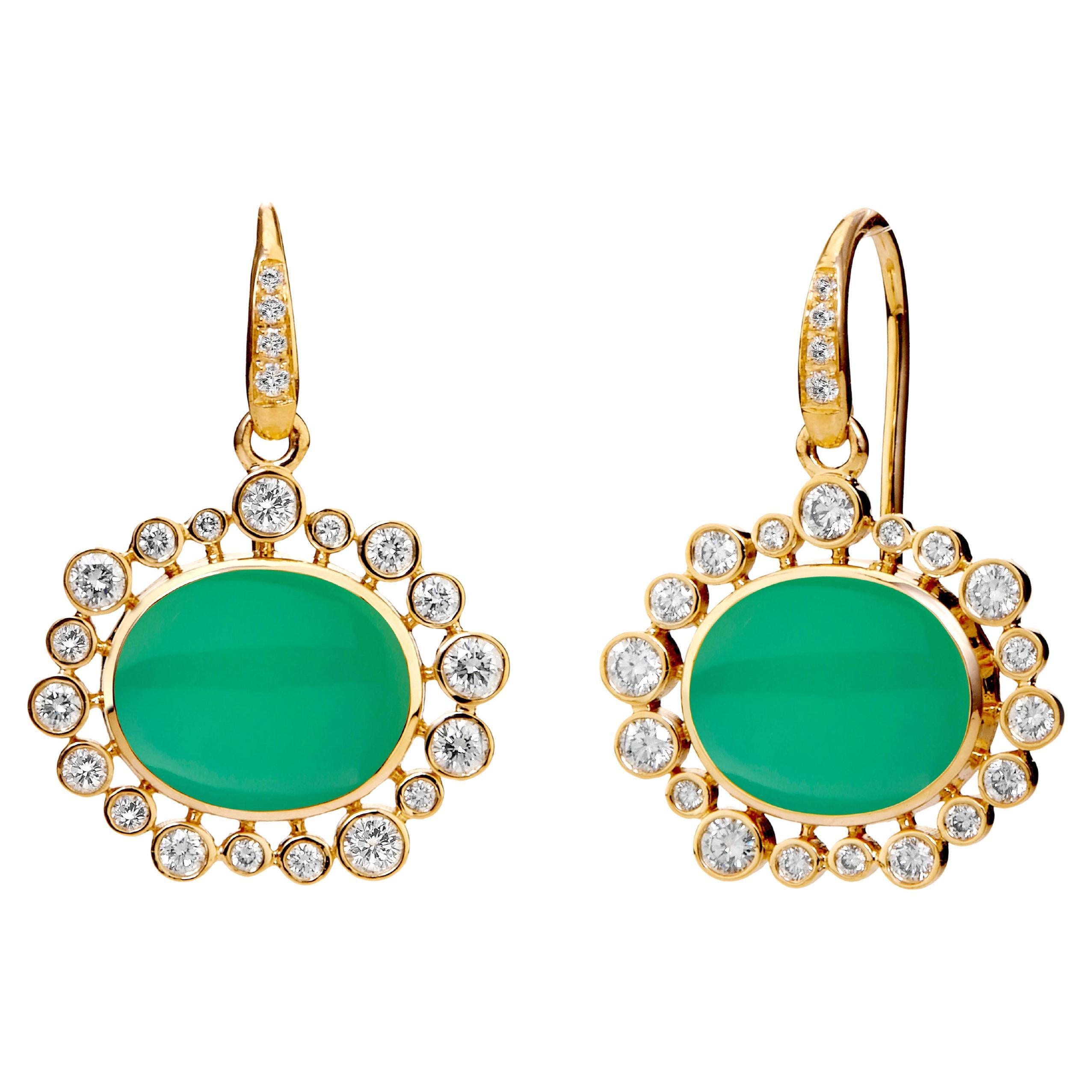 Syna Yellow Gold Chrysoprase Earrings with Diamonds For Sale