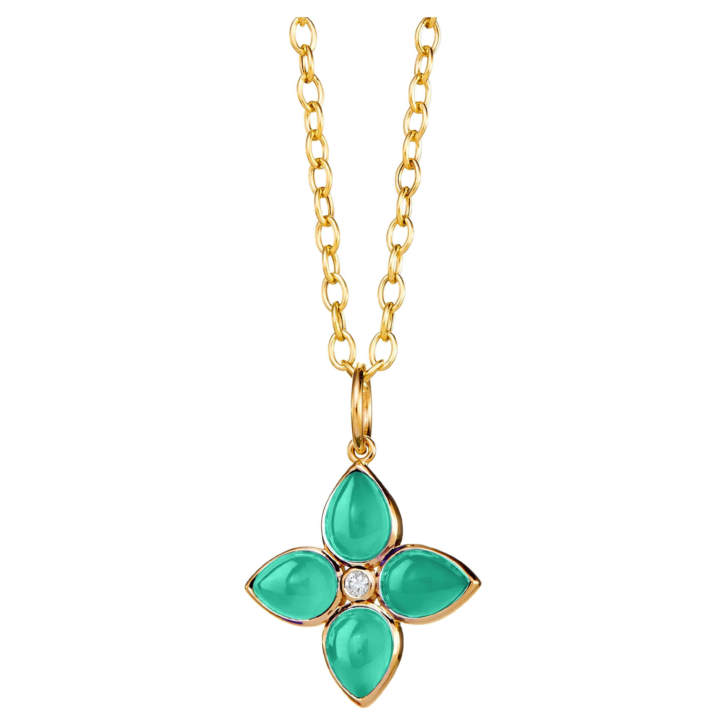Syna Yellow Gold Chrysoprase Flower Pendant with Champagne Diamond For Sale