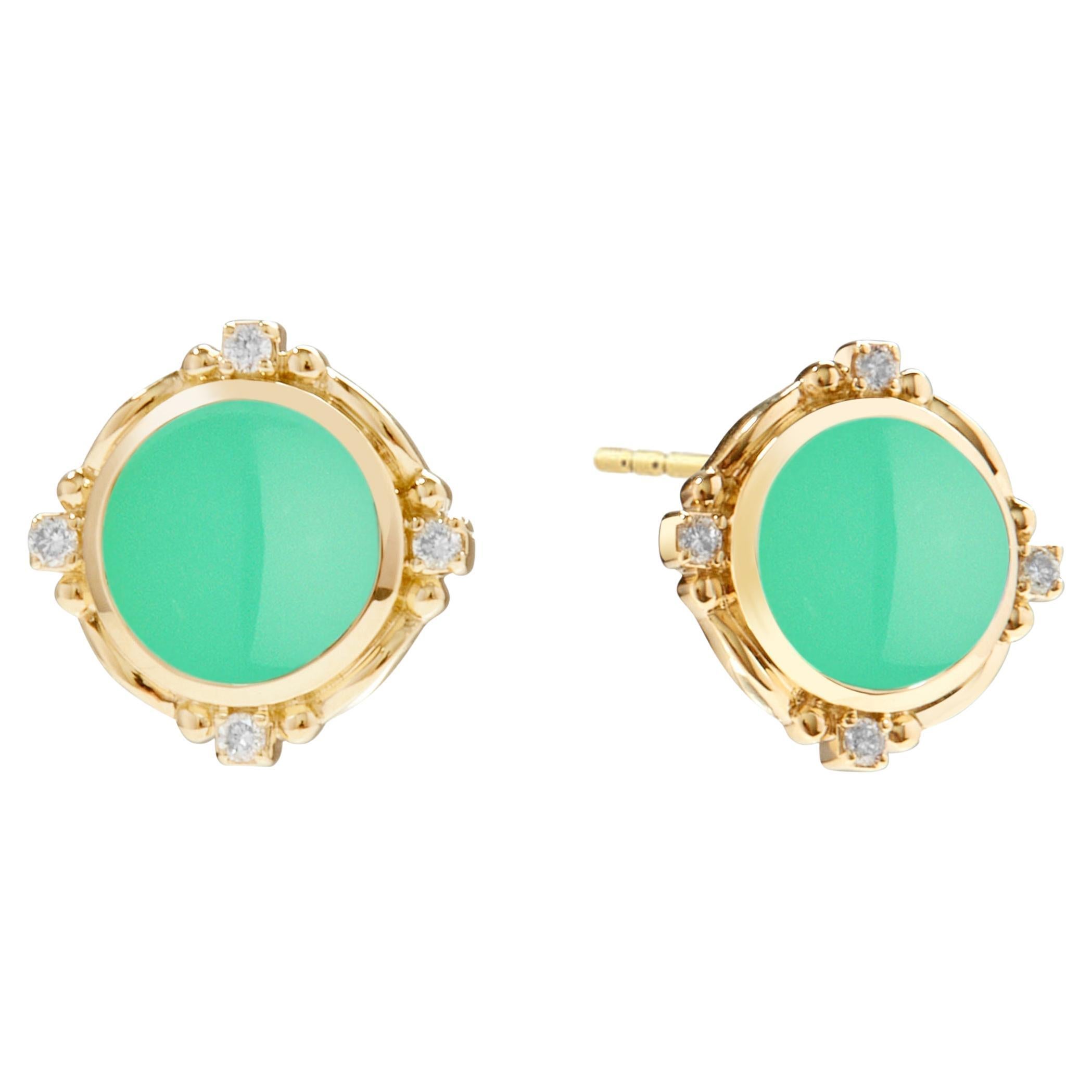 Syna Yellow Gold Chrysoprase Mogul Earrings with Diamonds For Sale
