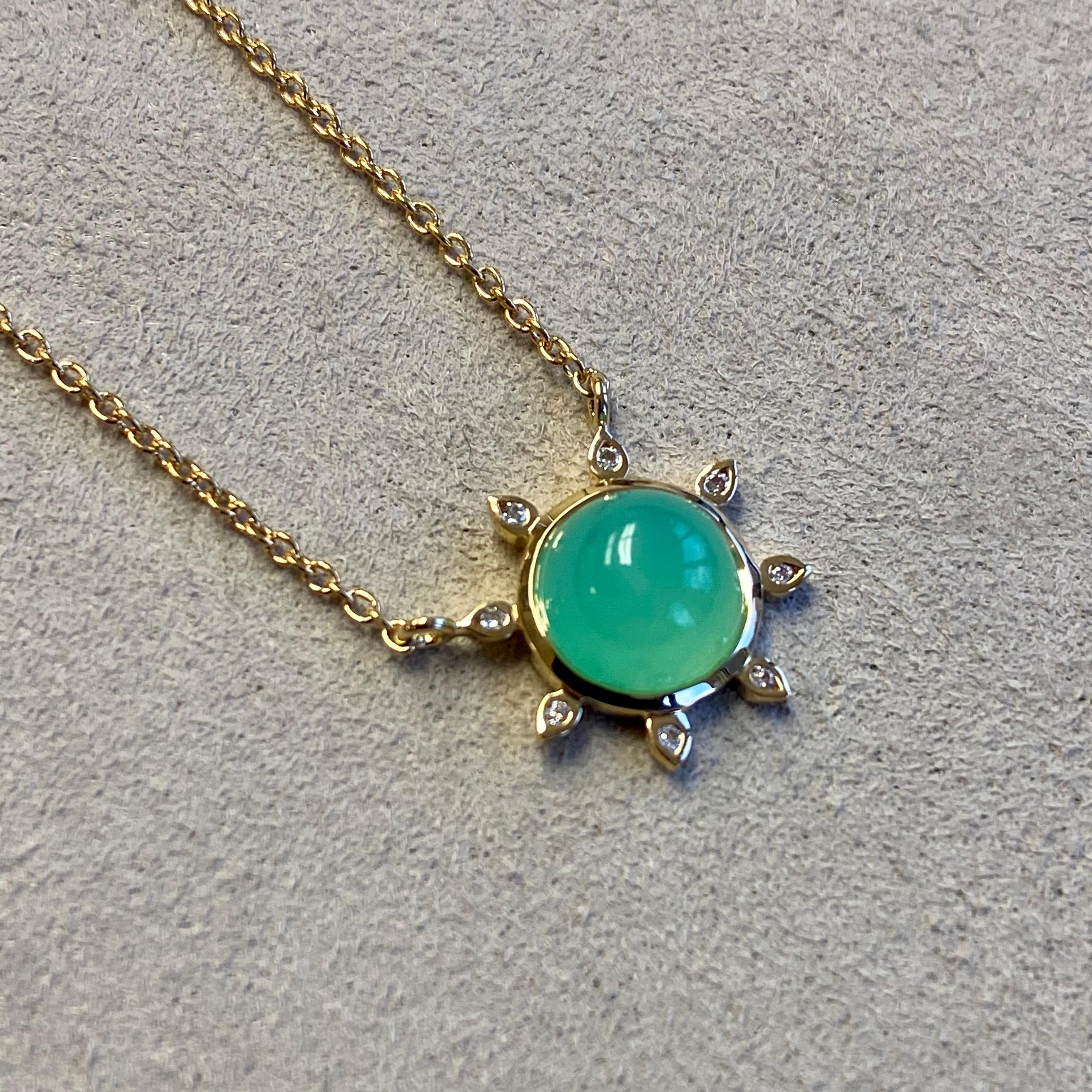 Contemporary Syna Yellow Gold Chrysoprase Necklace with Diamonds For Sale