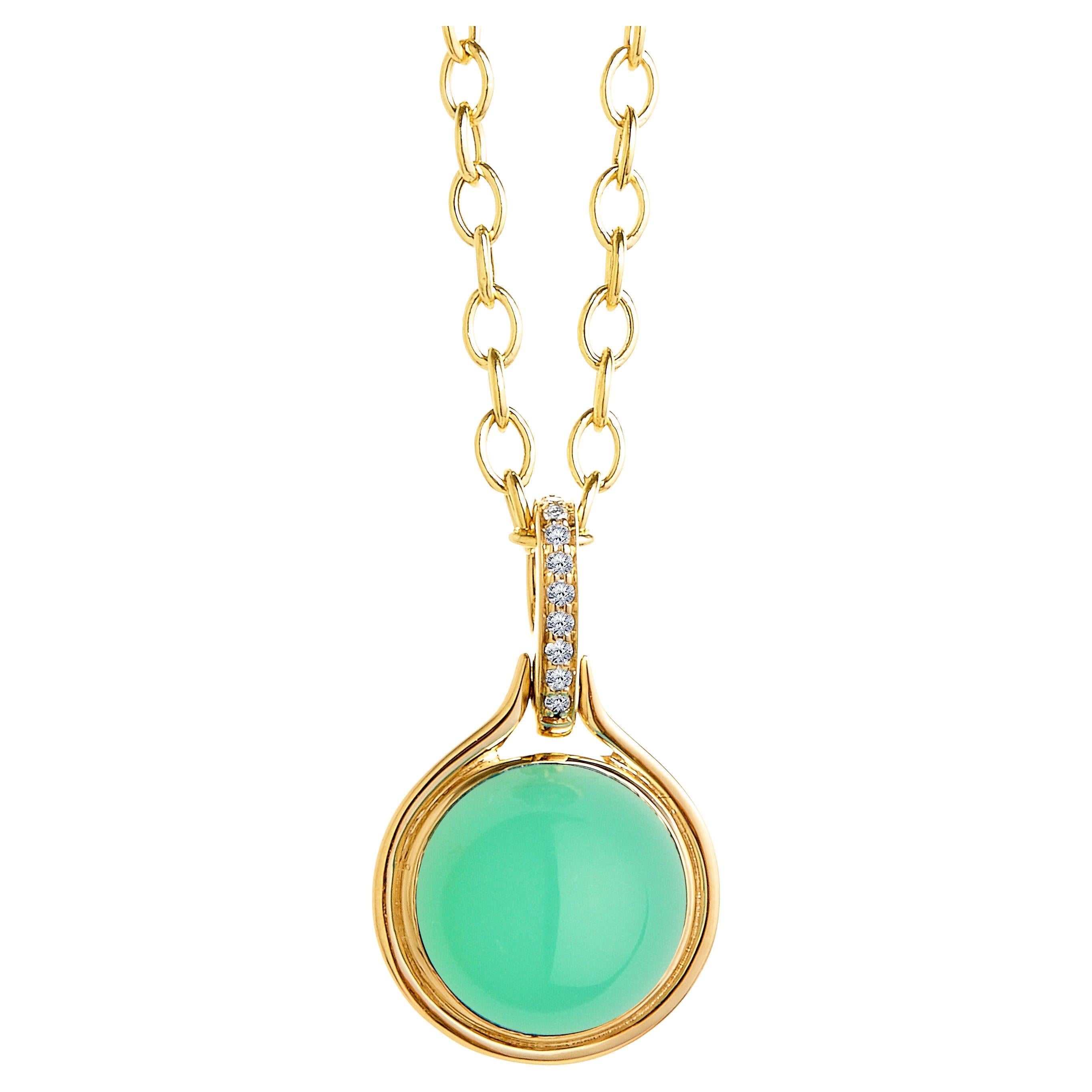 Syna Yellow Gold Chrysoprase Pendant with Diamonds For Sale