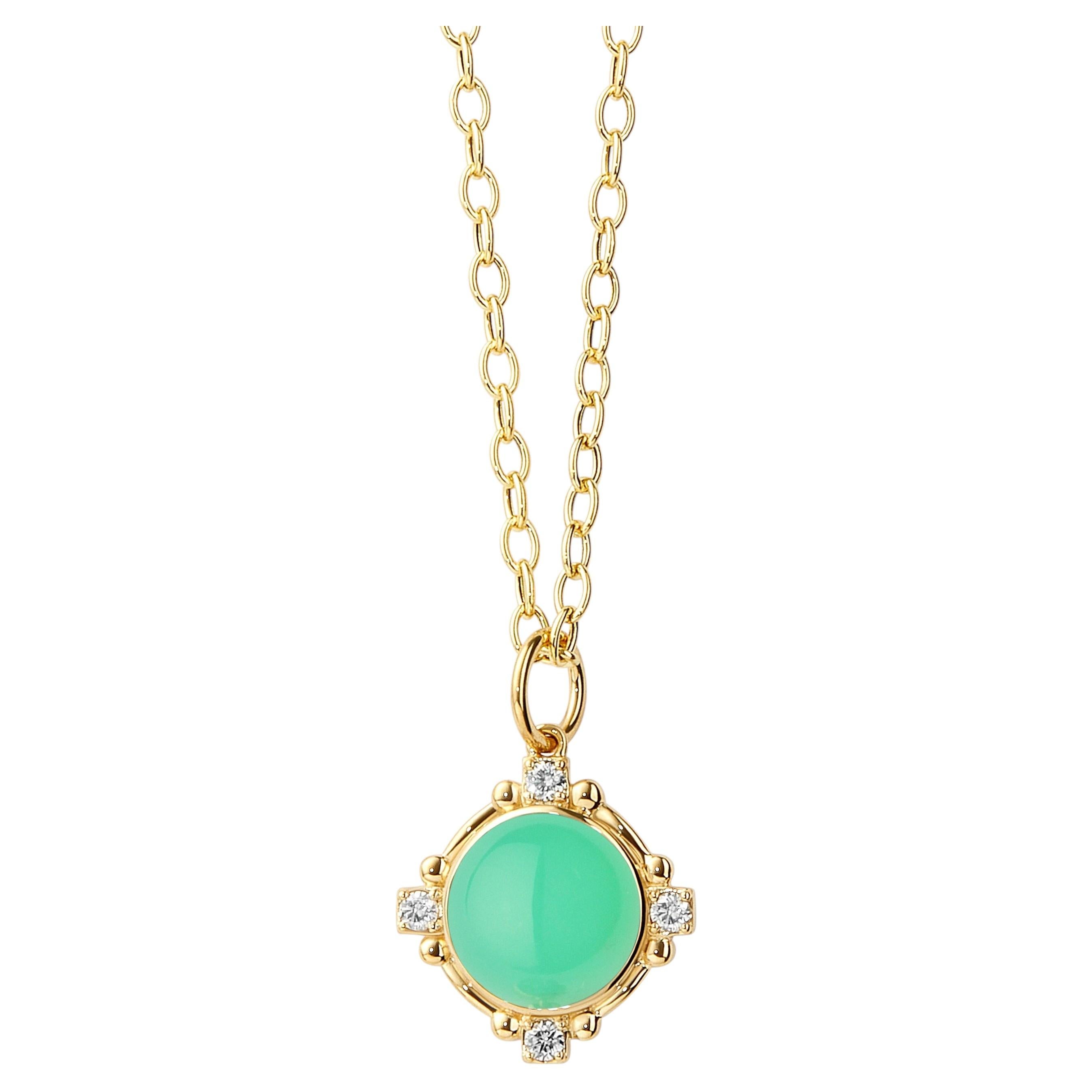 Syna Yellow Gold Chrysoprase Pendant with Diamonds For Sale
