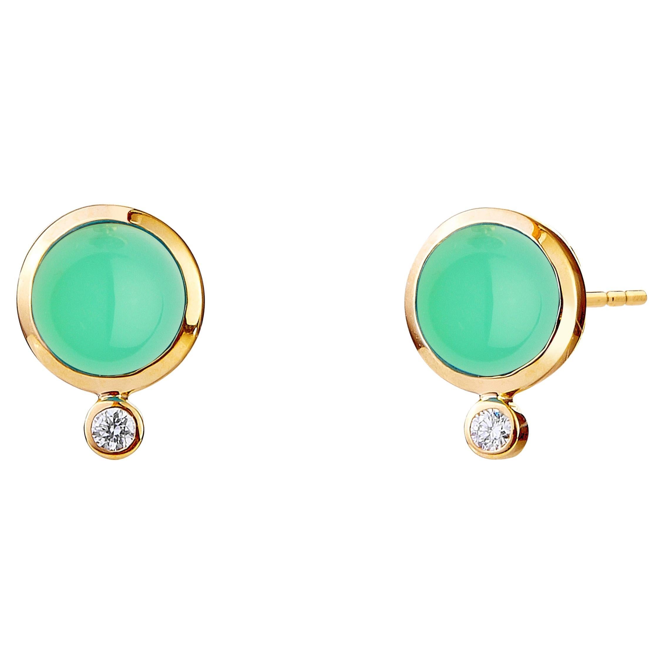 Syna Yellow Gold Chrysoprase Studs with Diamonds For Sale
