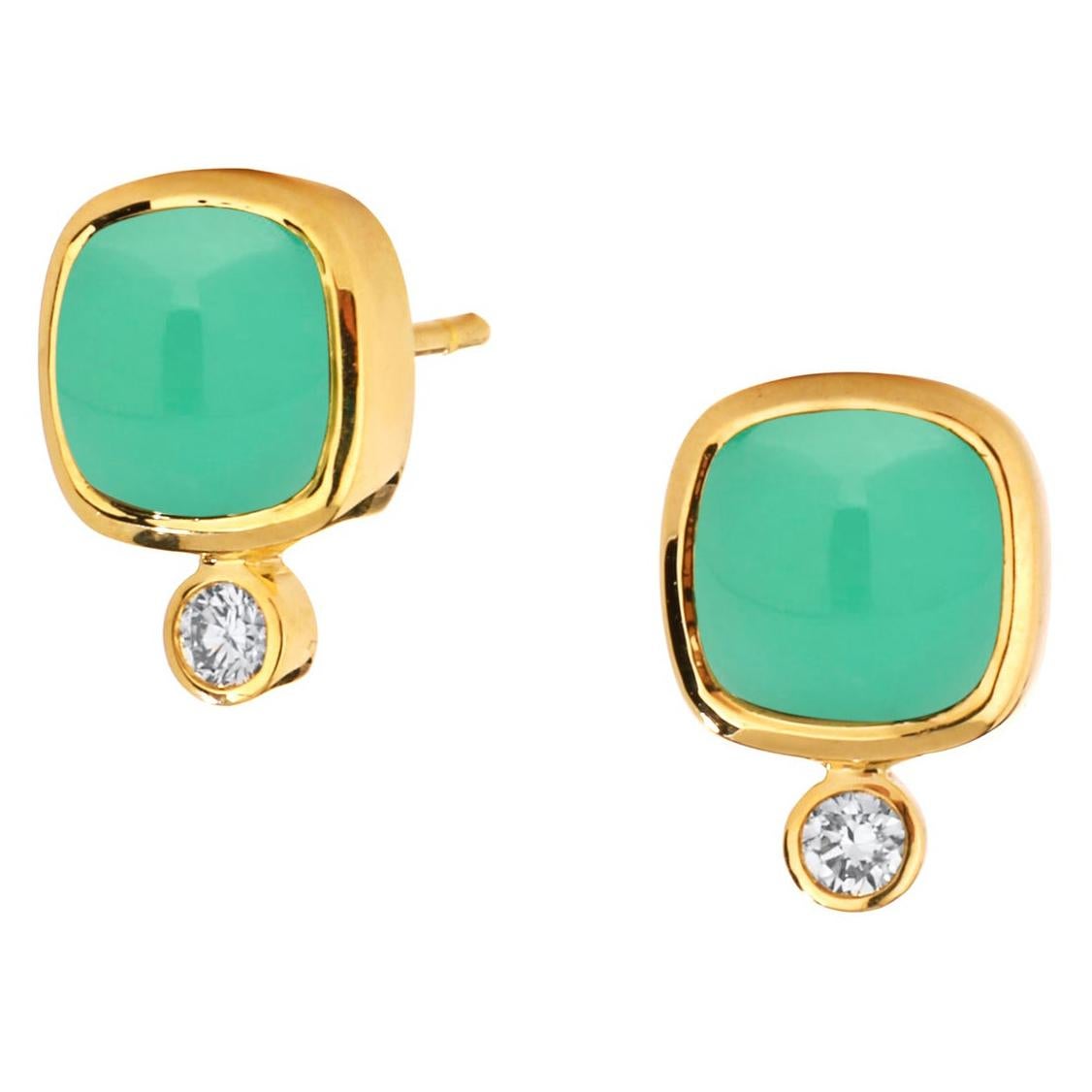 Syna Yellow Gold Chrysoprase Sugarloaf Earrings with Champagne Diamonds For Sale