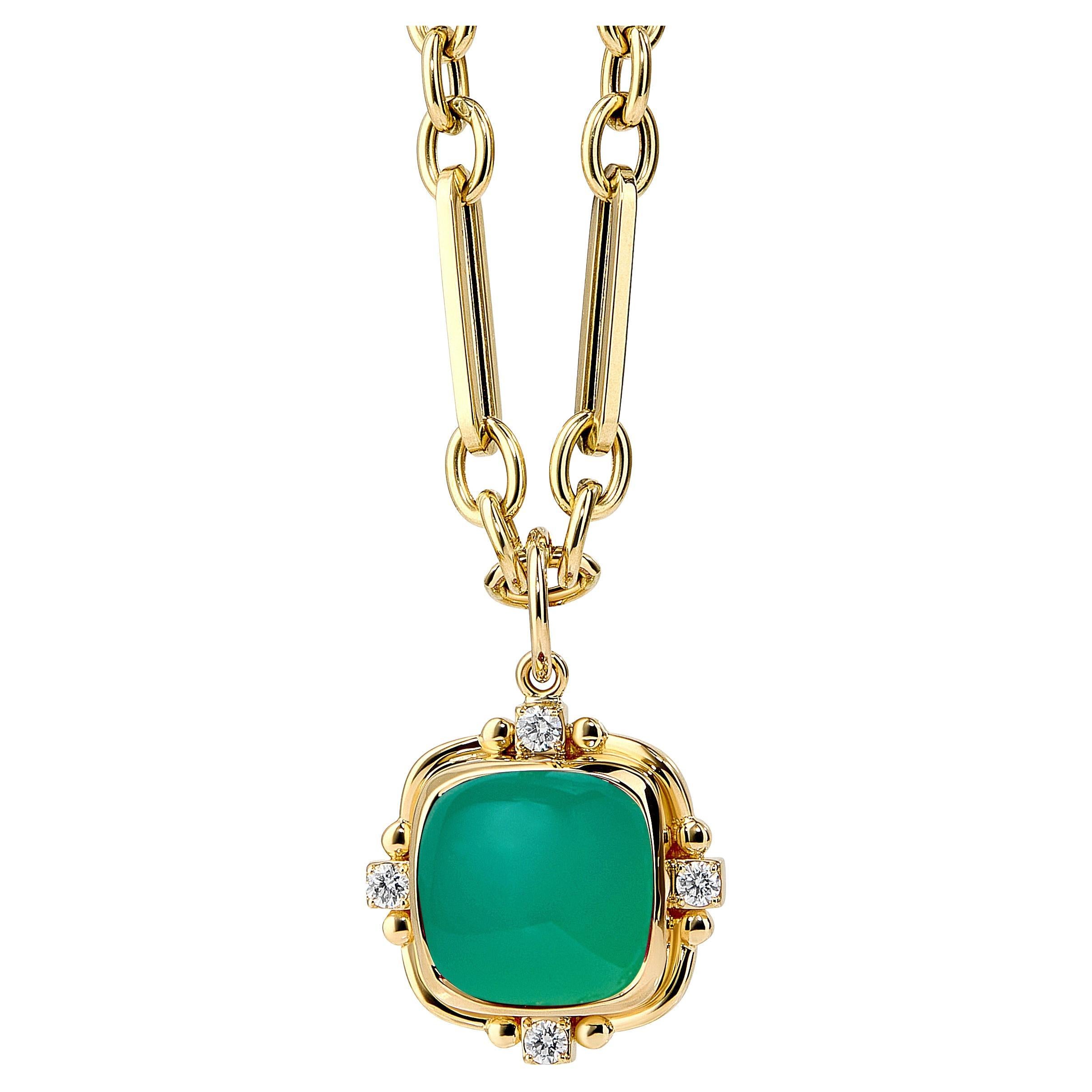 Syna Pendentif pain de sucre en or jaune chrysoprase avec diamants