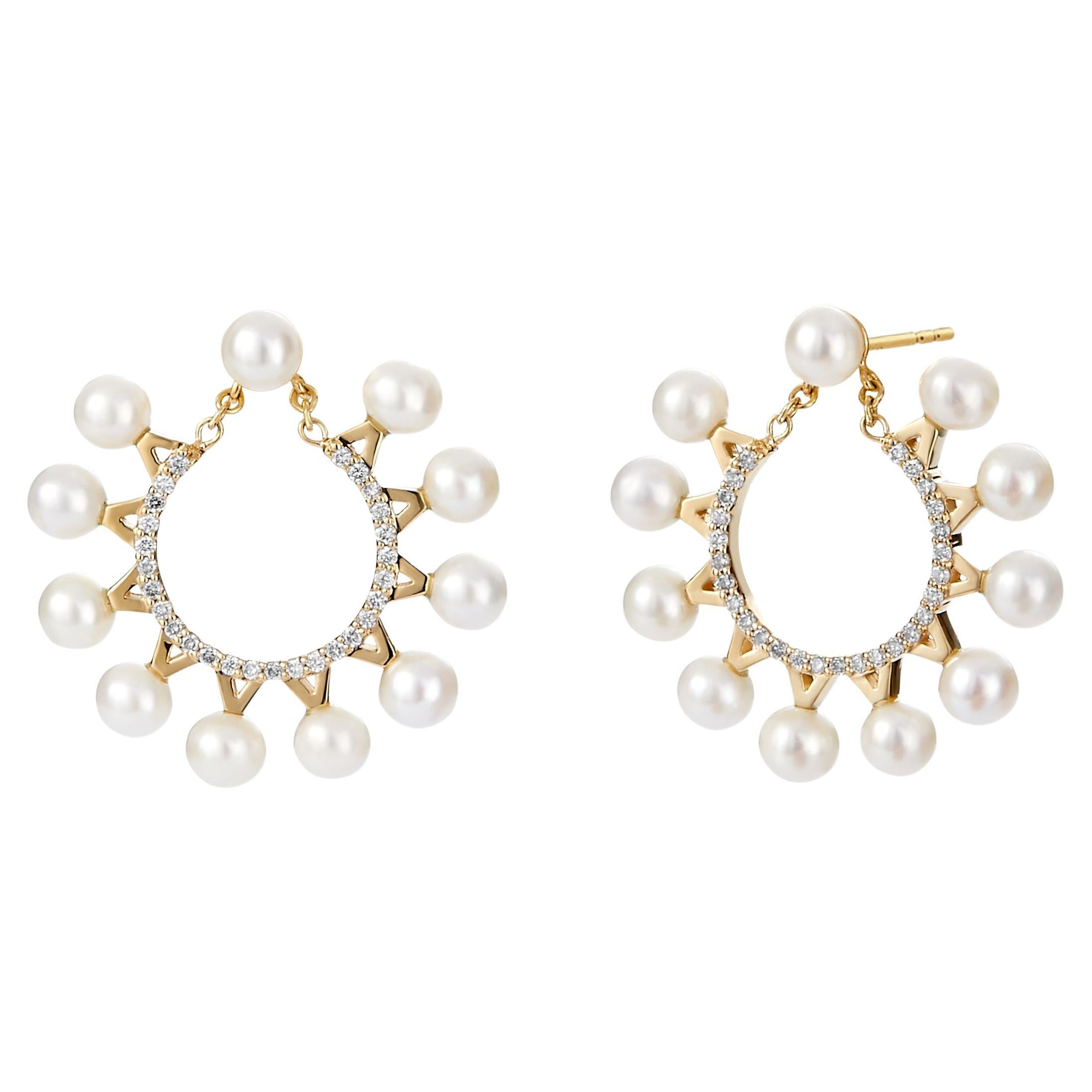 Syna Yellow Gold Circle Hoops with Pearls and Diamonds For Sale