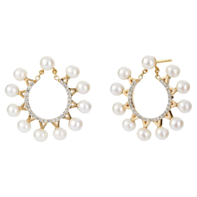 Diamond Hoop Earrings With Pearl - 218 For Sale on 1stDibs