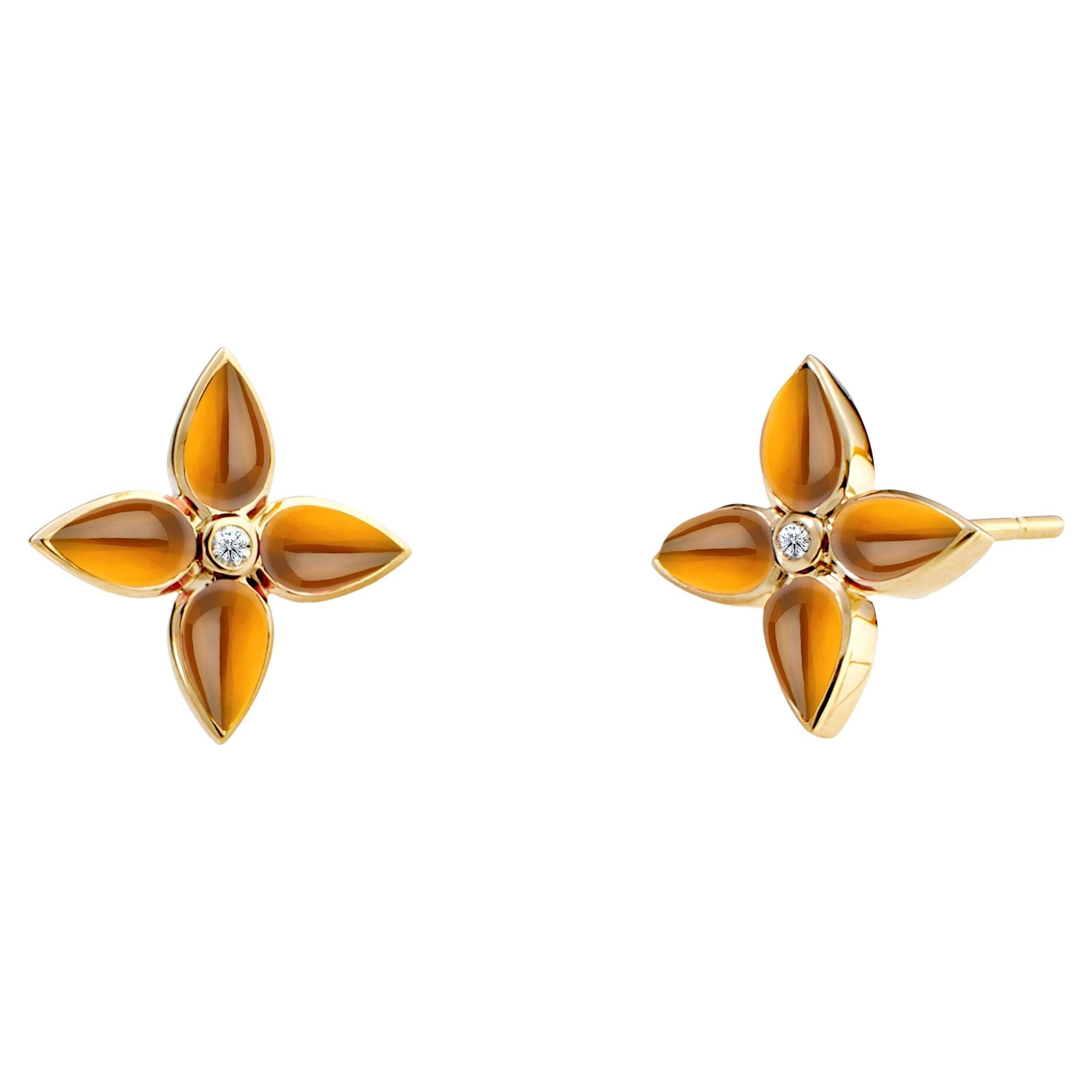 Syna Yellow Gold Citrine Flower Earrings with Diamonds For Sale