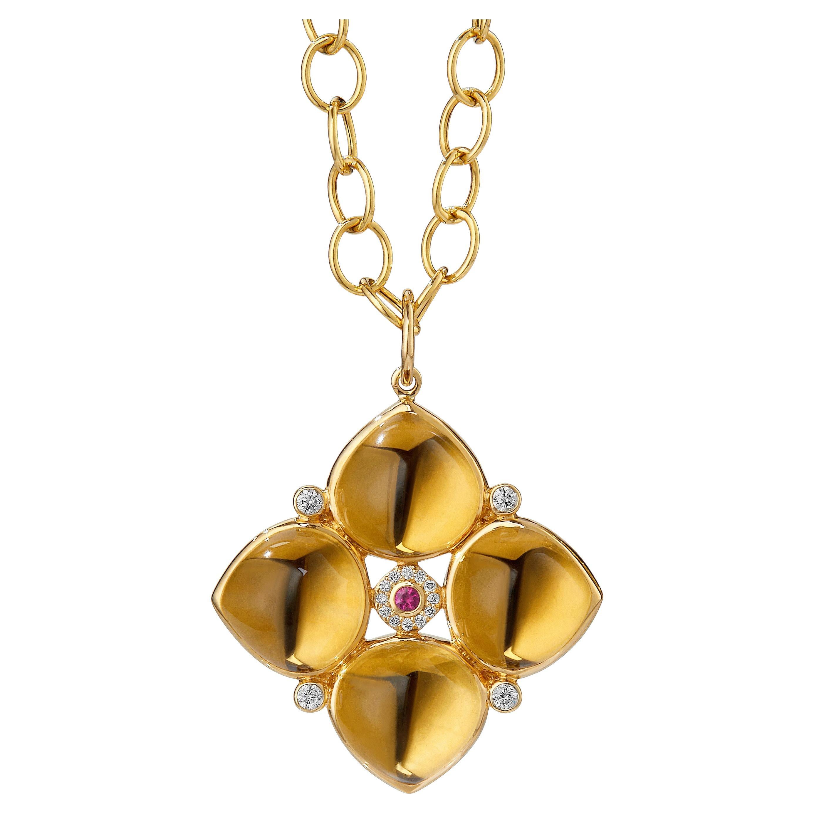 Syna Yellow Gold Citrine Pendant with Ruby and Diamonds For Sale