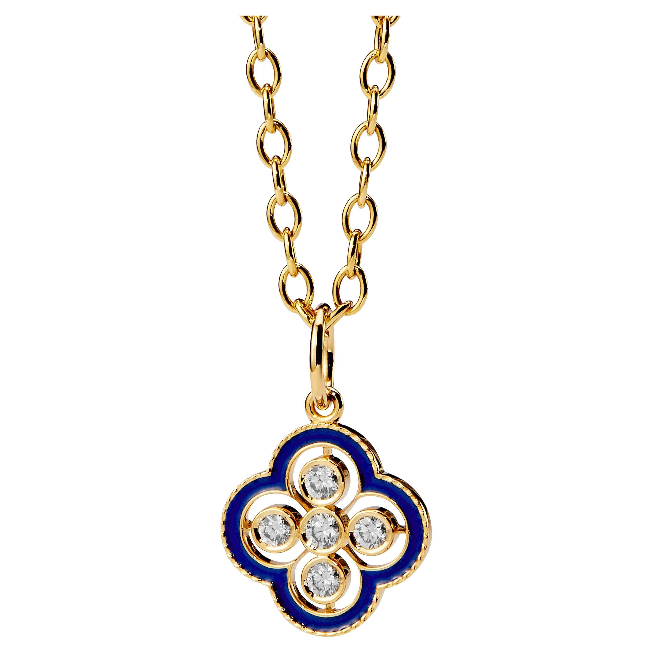 Syna Yellow Gold Clover Pendant with Lapis Blue Enamel and Diamonds For Sale
