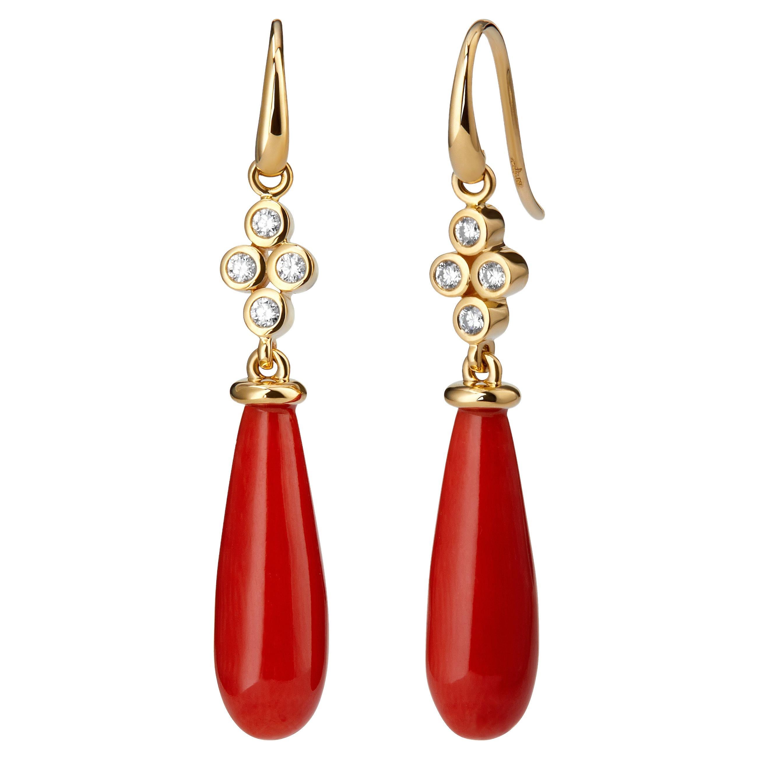 Syna Yellow Gold Coral Drop Earrings with Diamonds
