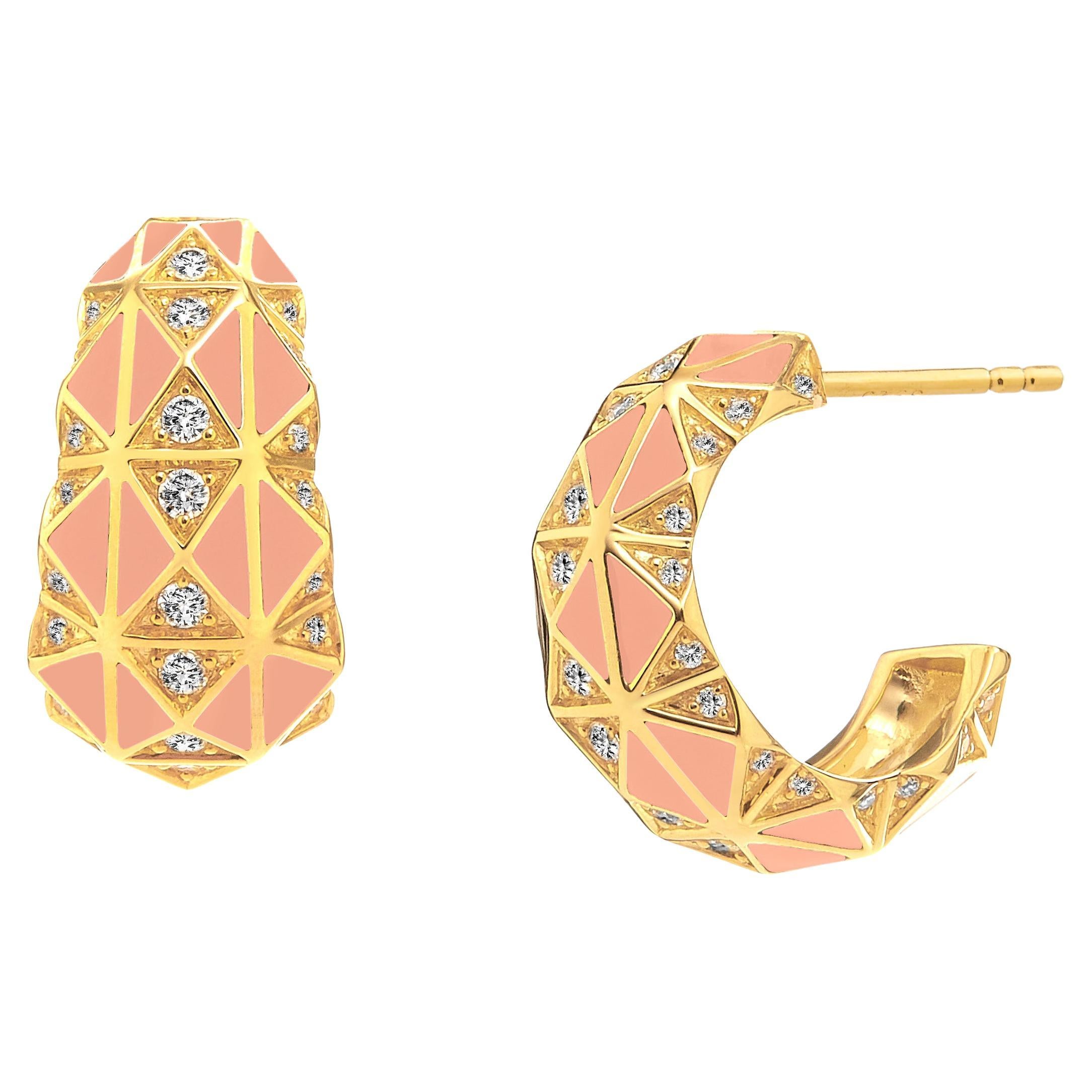 Syna Yellow Gold Coral Enamel Earrings with Diamonds For Sale